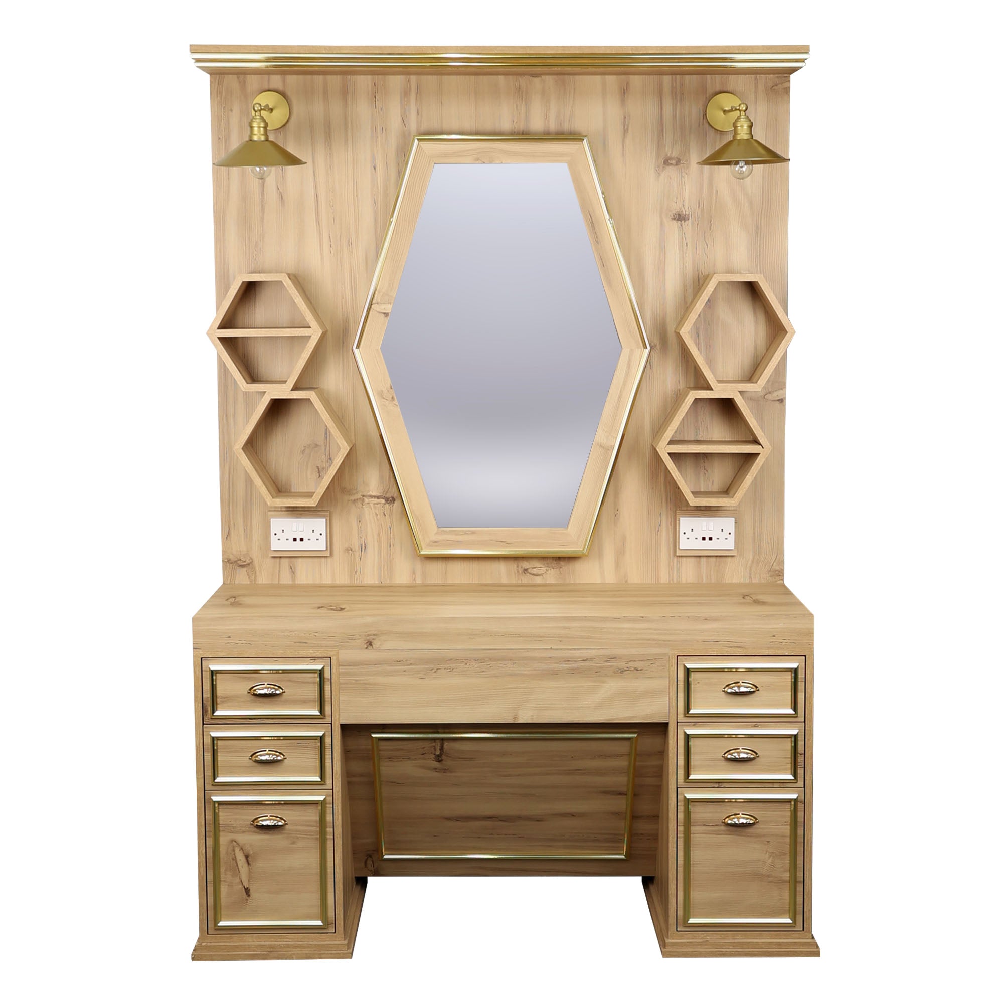 Barber Station Unit - Light Wood Station With Hexagonal LED Mirror & Gold Trim