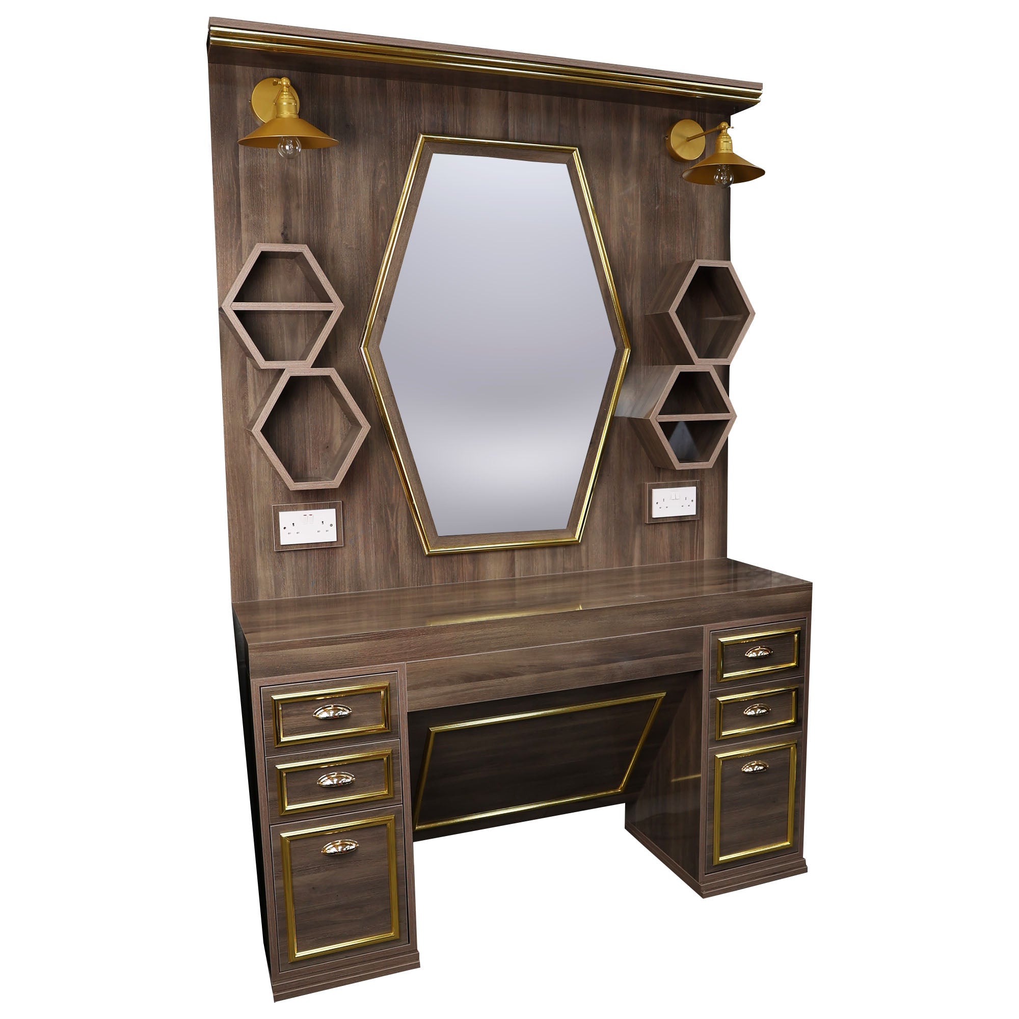 Barber Station Unit - Dark Wood Station With Hexagonal LED Mirror & Gold Trim