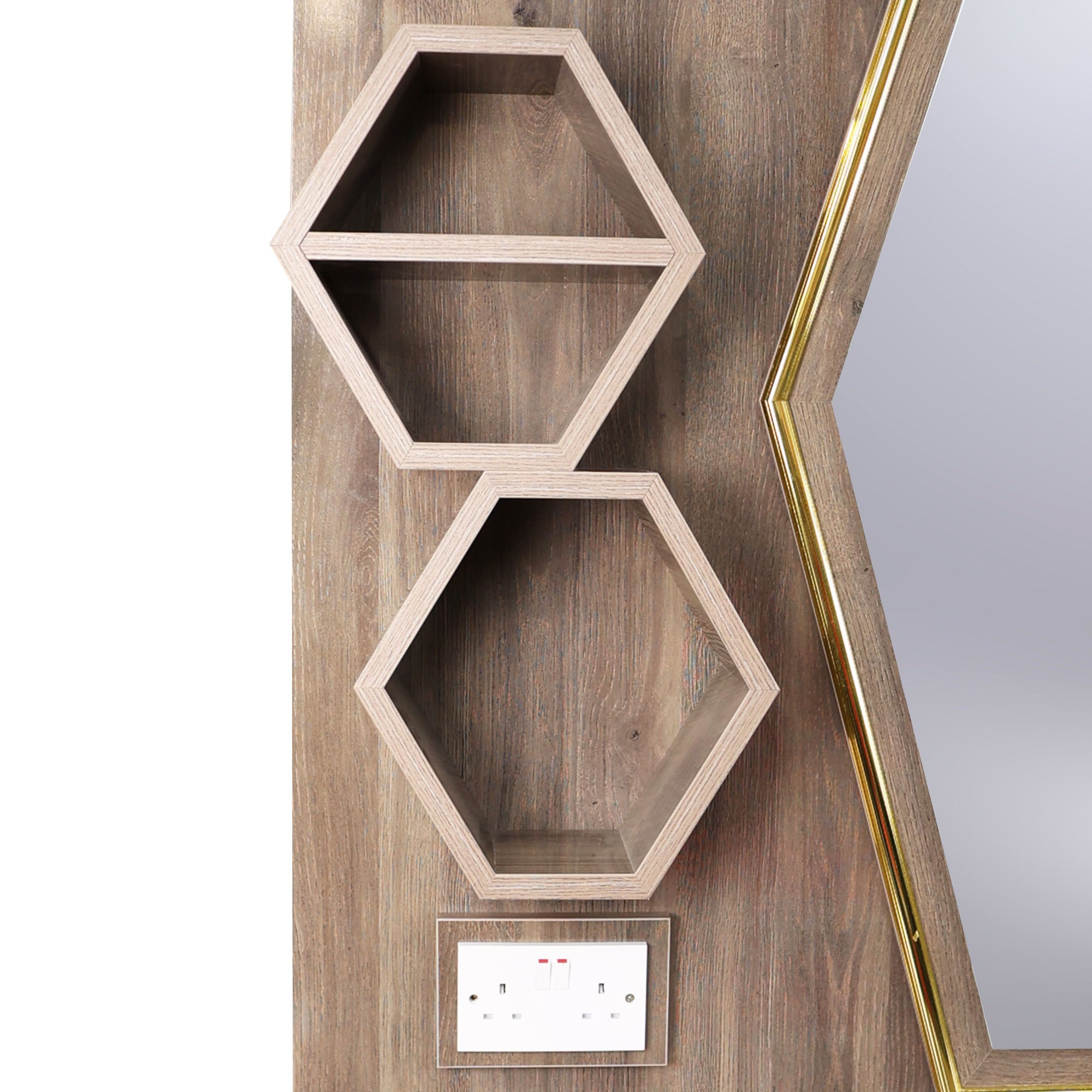 Barber Station Unit - Dark Wood Station With Hexagonal LED Mirror & Gold Trim