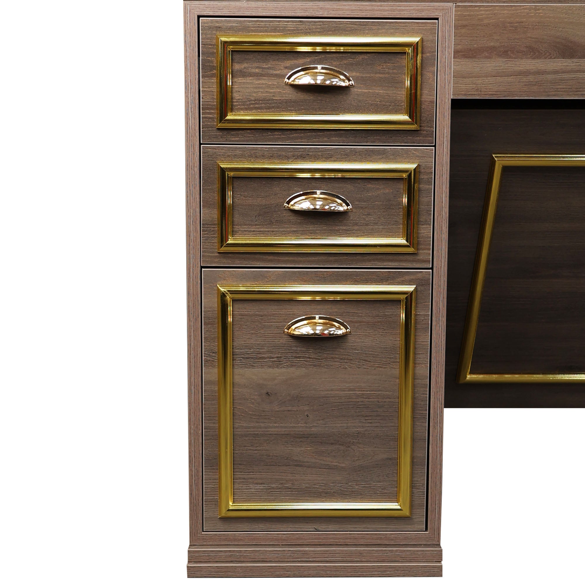 Barber Station Unit - Dark Wood Station With Hexagonal LED Mirror & Gold Trim