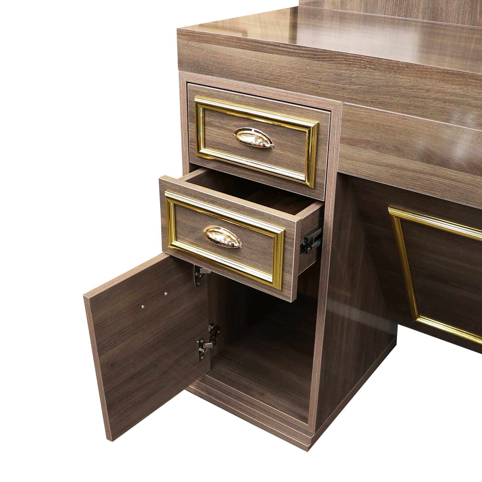 Barber Station Unit - Dark Wood Station With Hexagonal LED Mirror & Gold Trim