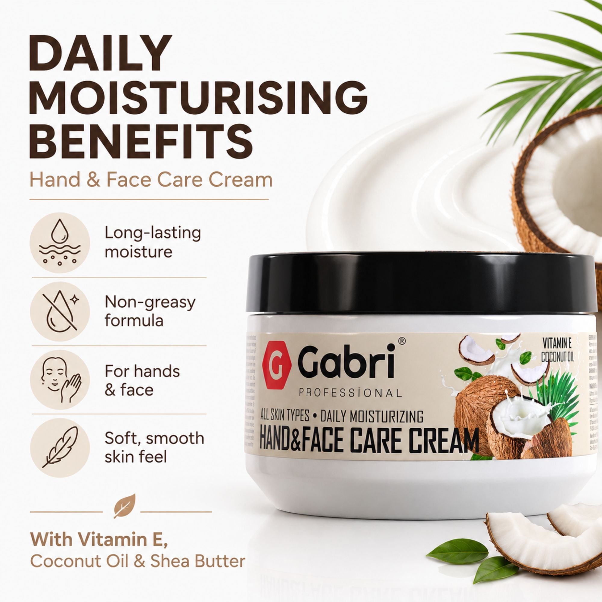Gabri Professional - Hand & Face Care Cream Vitamin E Coconut Oil 300ml