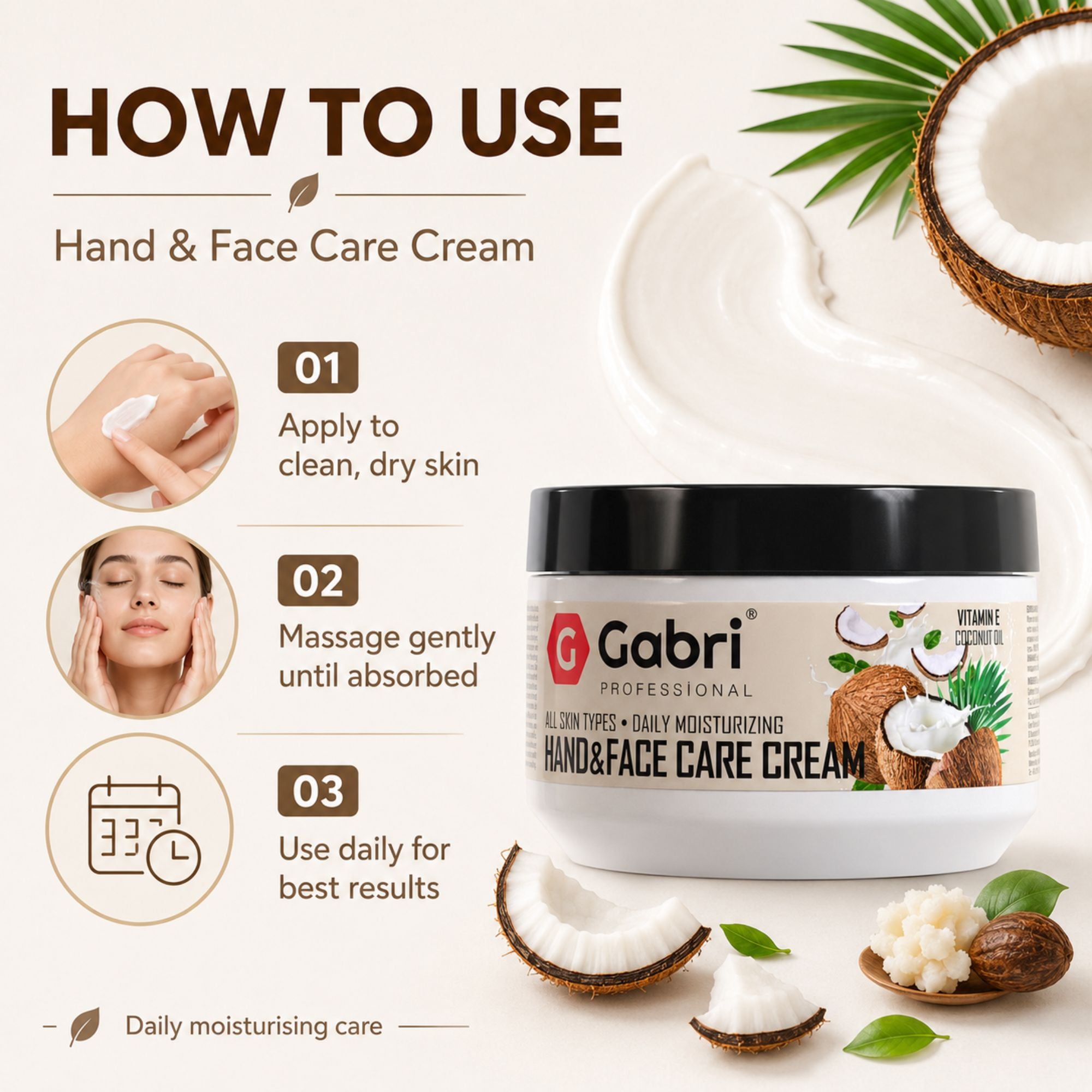 Gabri Professional - Hand & Face Care Cream Vitamin E Coconut Oil 300ml