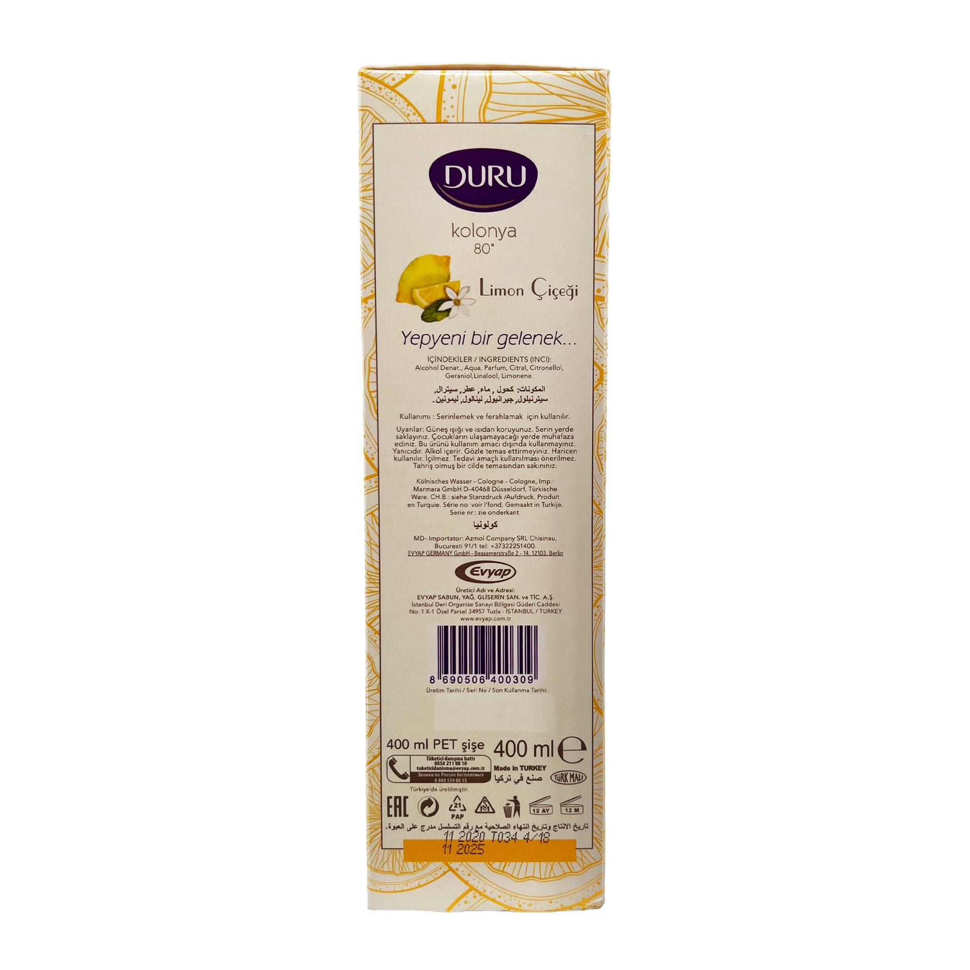 Duru - Lemon Cologne Traditional Turkish Cologne Aftershave Citrus 400ml - Eson Direct