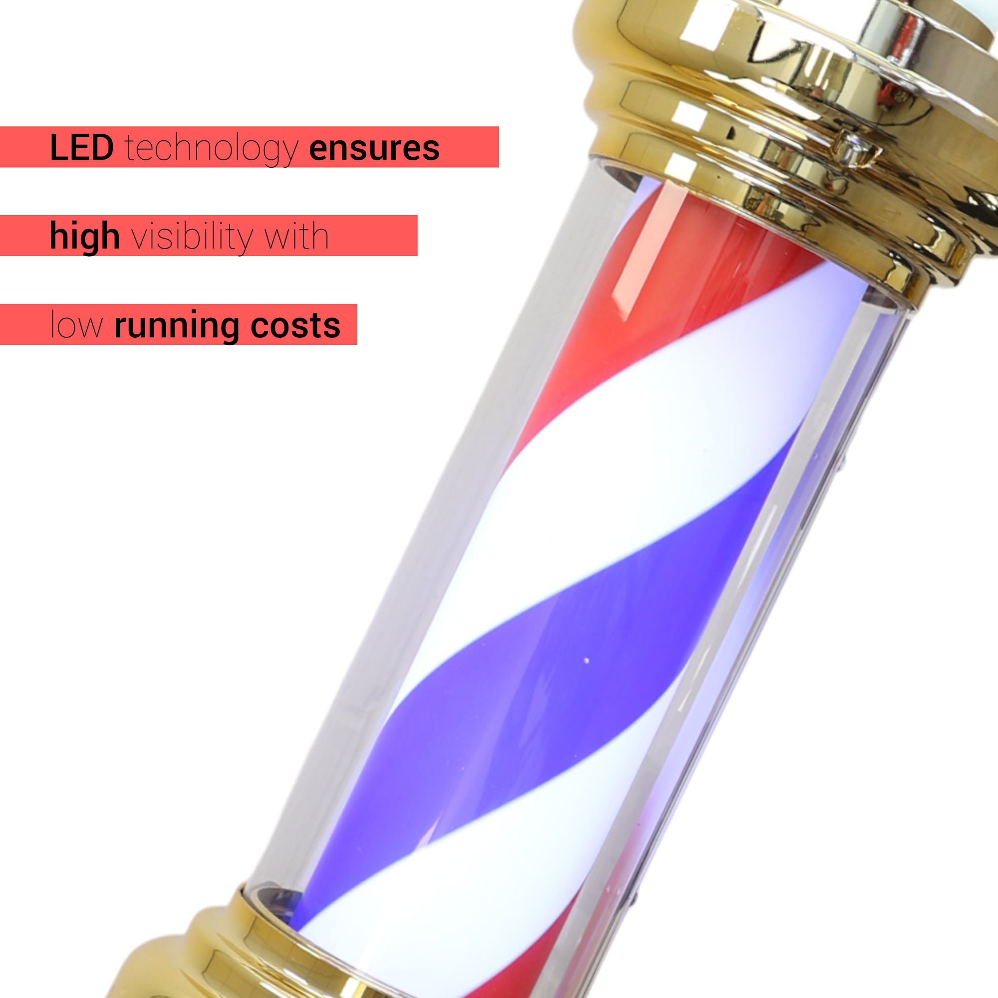 Gabri - Barber Pole Light With Open Sign (Gold Red White Blue Stripes) 70cm