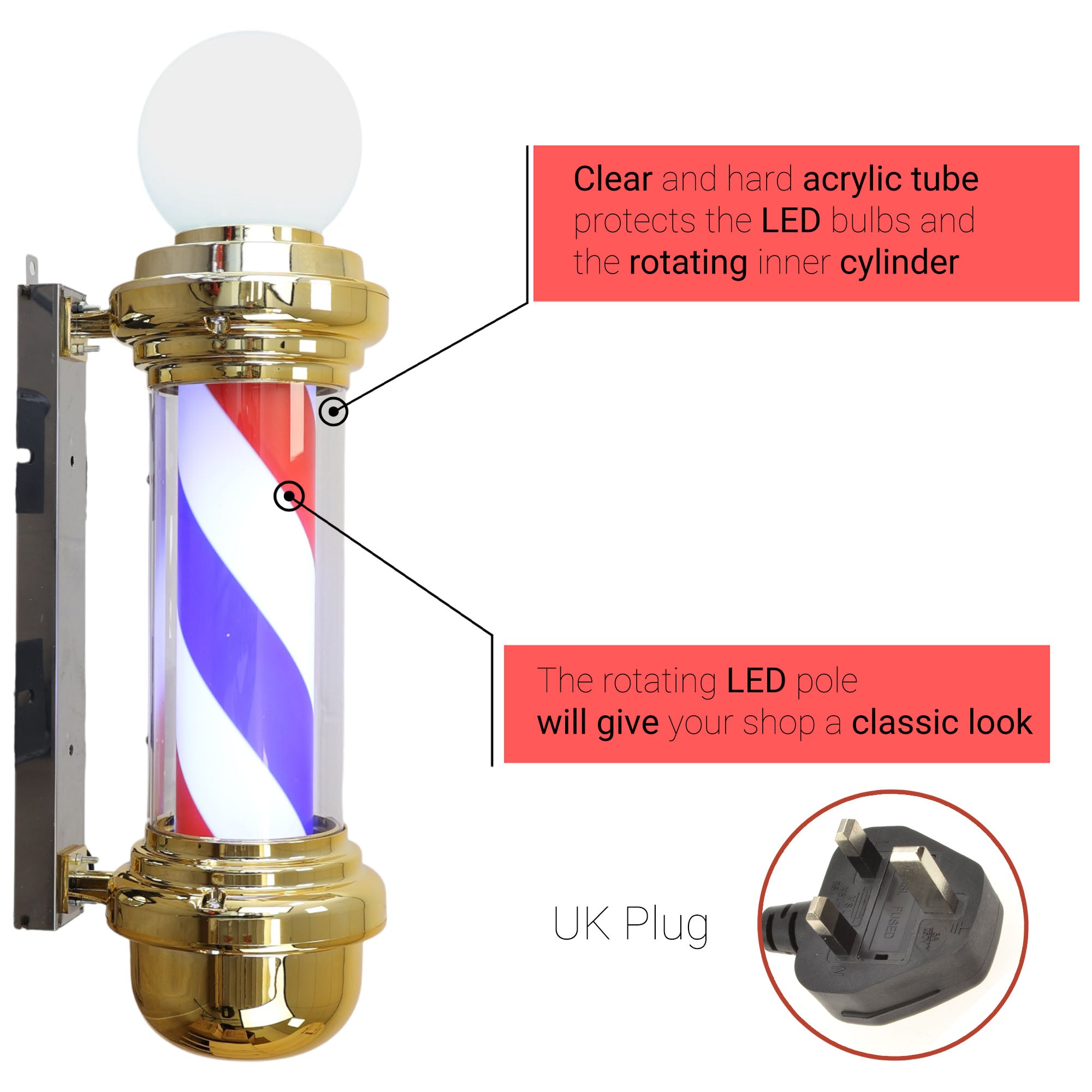 Gabri - Barber Pole Light With Open Sign (Gold Red White Blue Stripes) 70cm