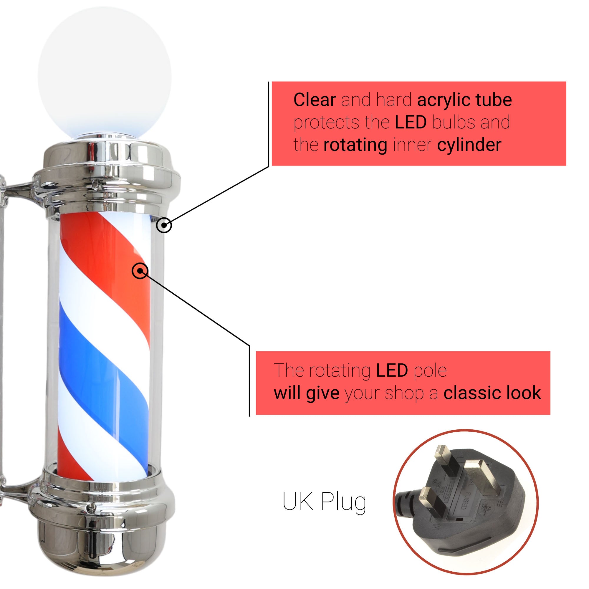 Gabri - Classic Barber Pole Light With Open Sign 85cm