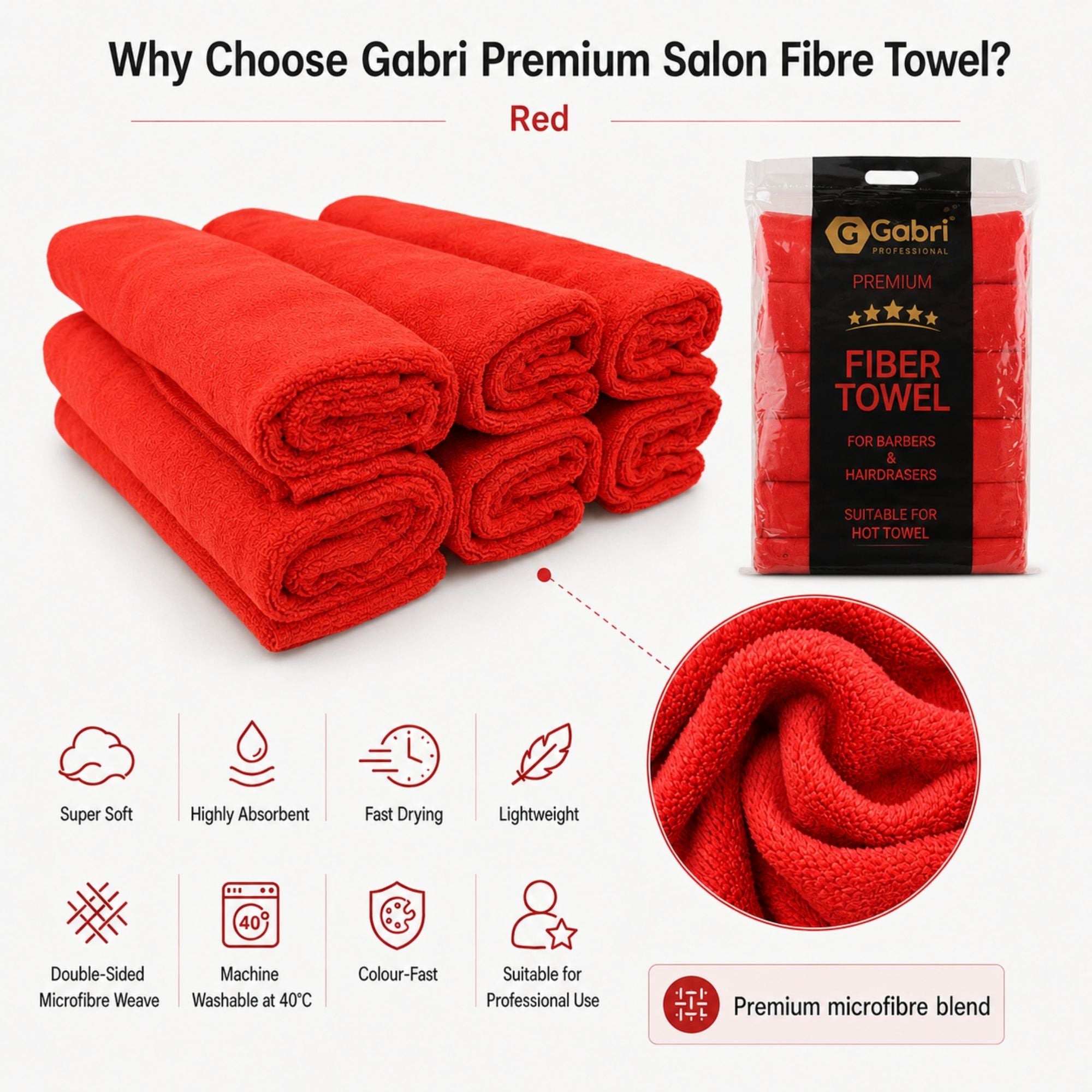 Gabri - Premium Salon Fibre Towel Red (Pack of 6)