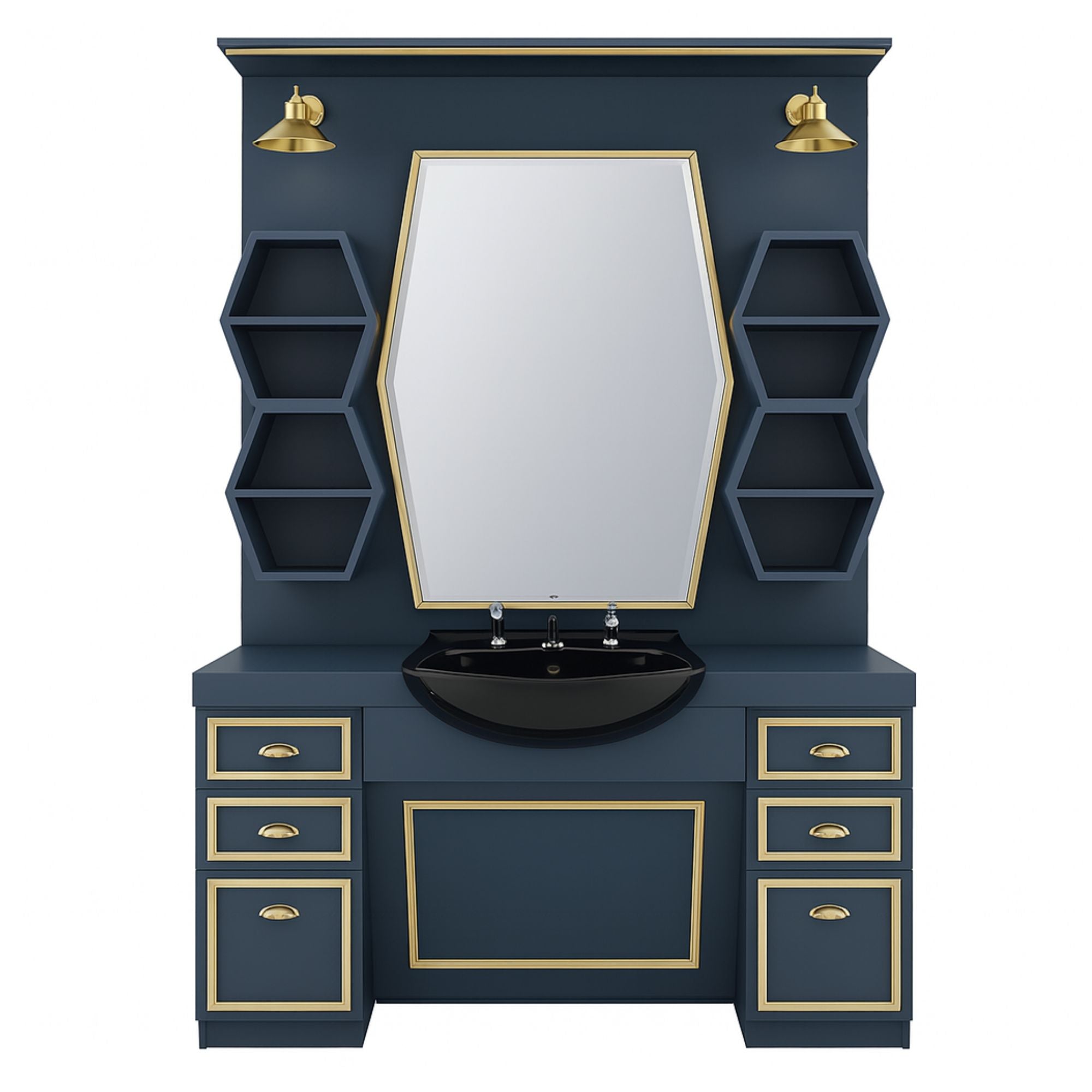 Barber Station Unit - Elegant Navy & Gold Station With Designer Hexagonal Storage