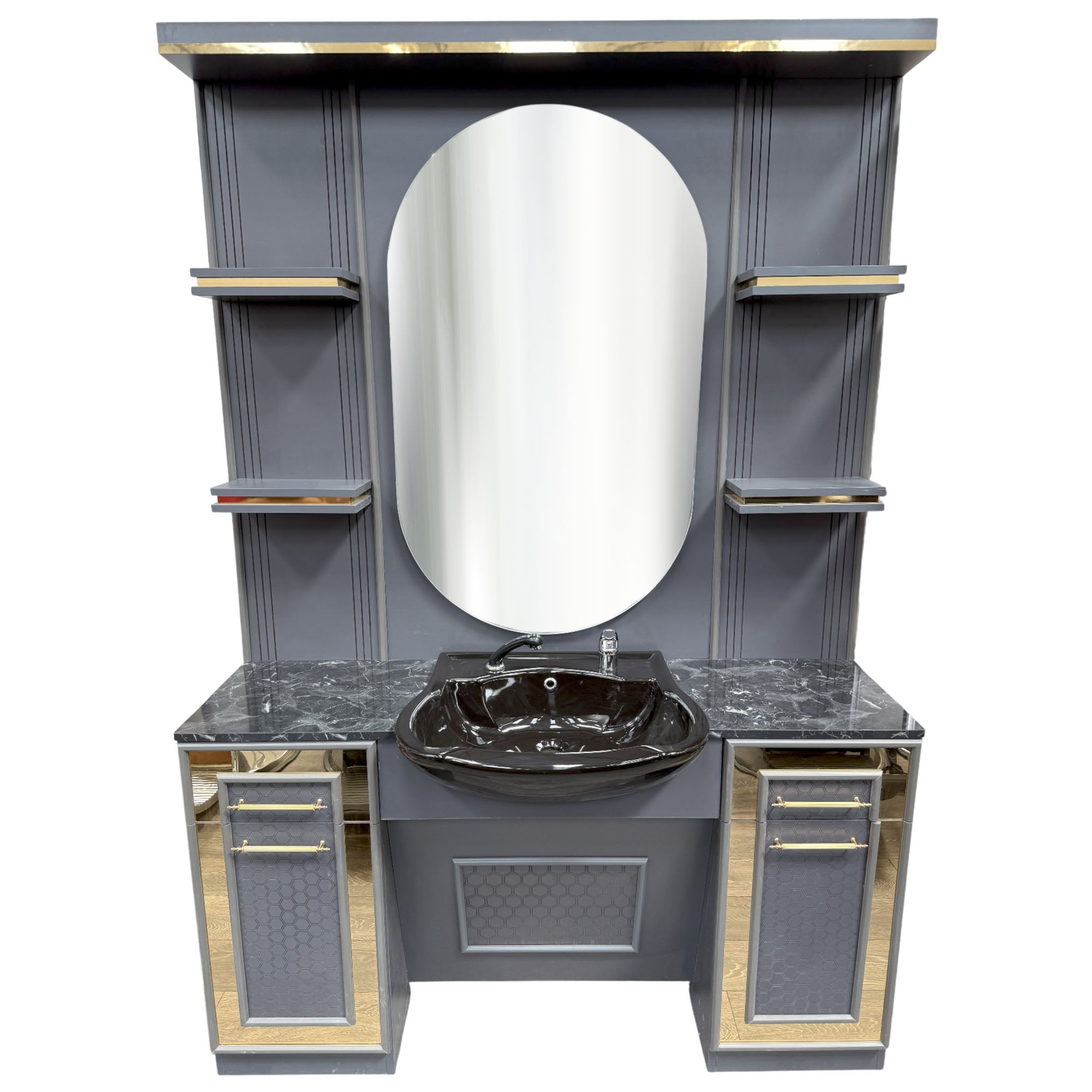 Barber Station Unit - Grey & Gold Station With Black Sink & Marble Top