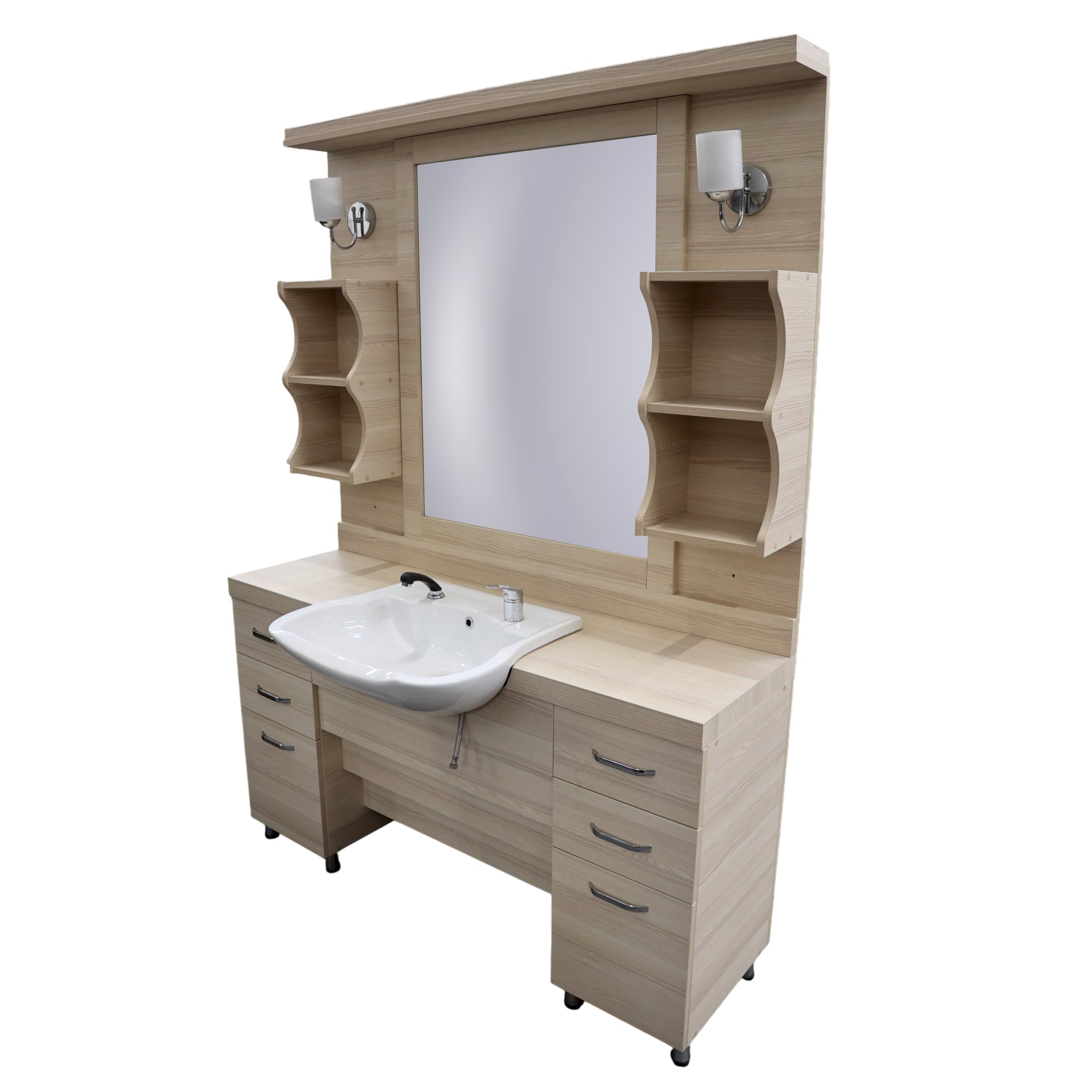 Barber Station Unit - Light Oak Effect Styling Station With White Sink & Sconce Lights