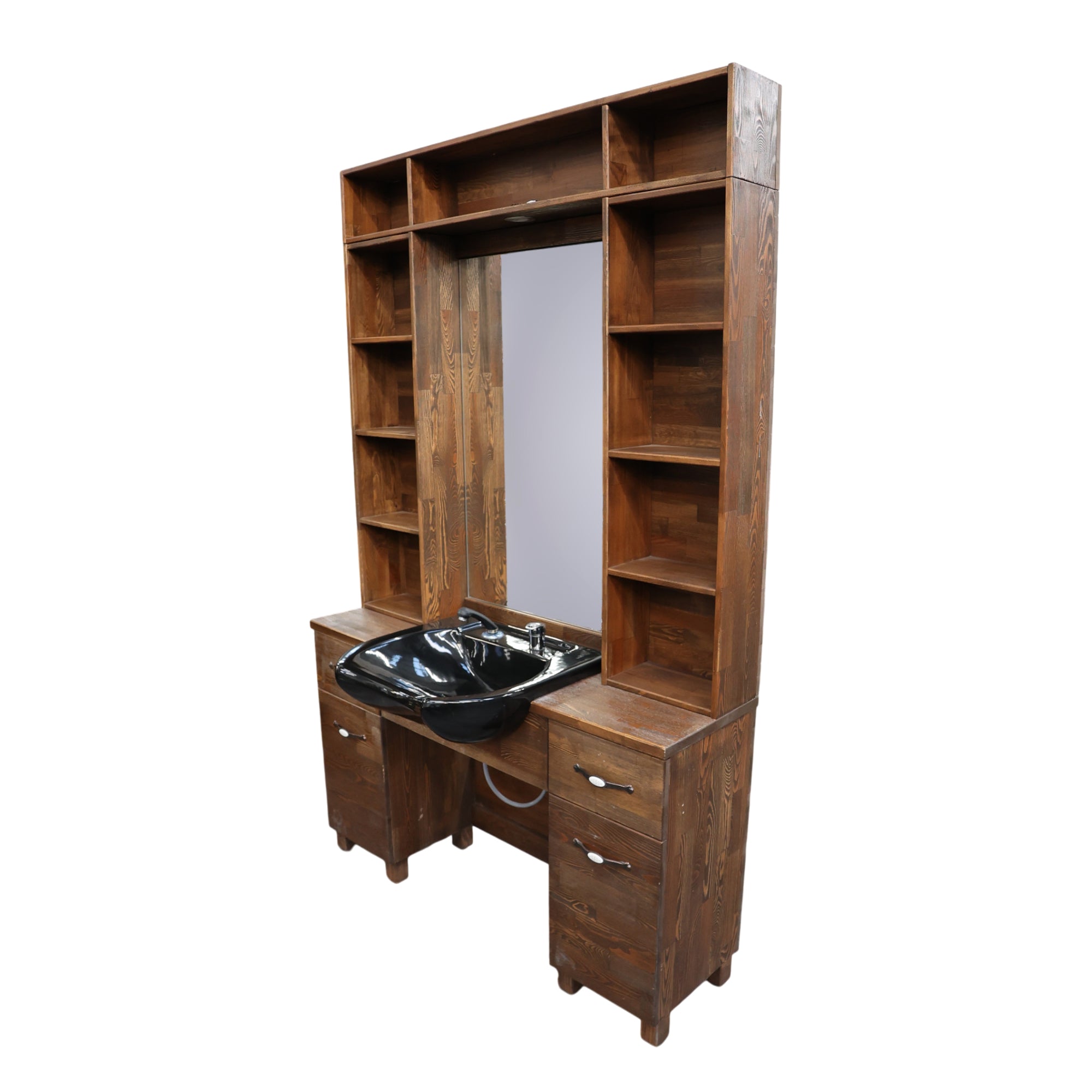 Barber Station Unit - Traditional Dark Wood Unit With Multi-Shelf Storage