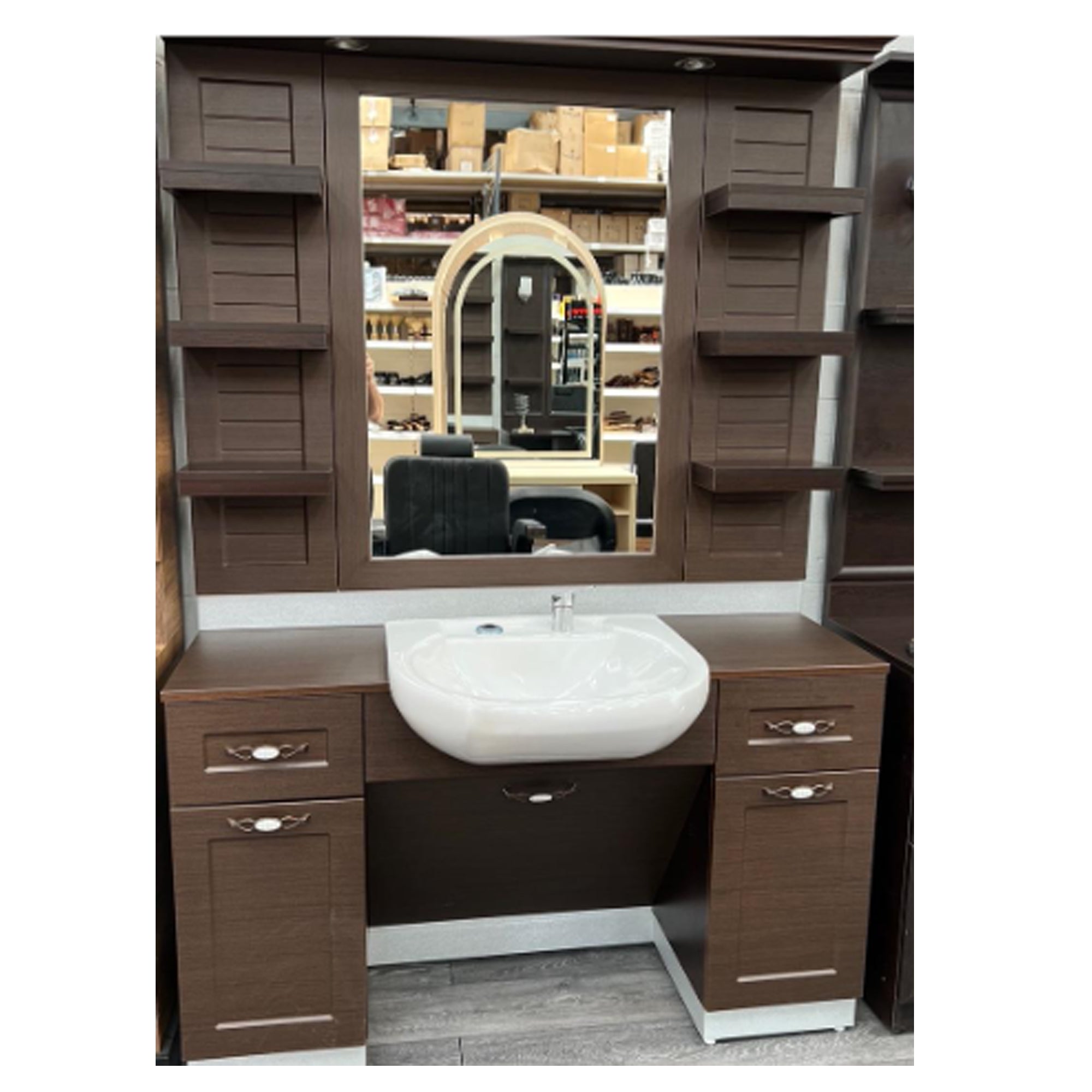 Barber Station Unit - Dark Wood Station With White Countertop Basin