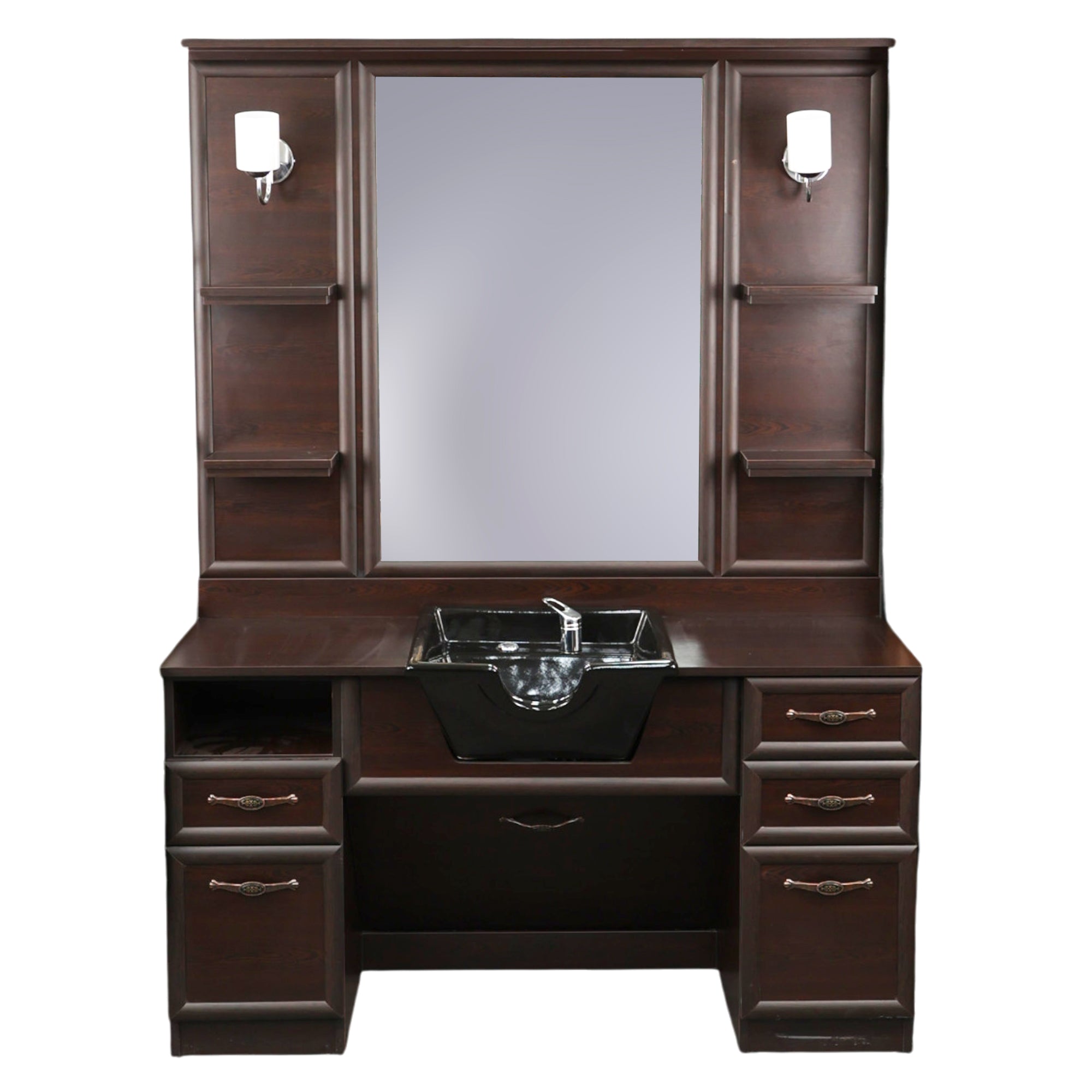 Barber Station Unit - Dark Walnut Finish Station With Black Basin