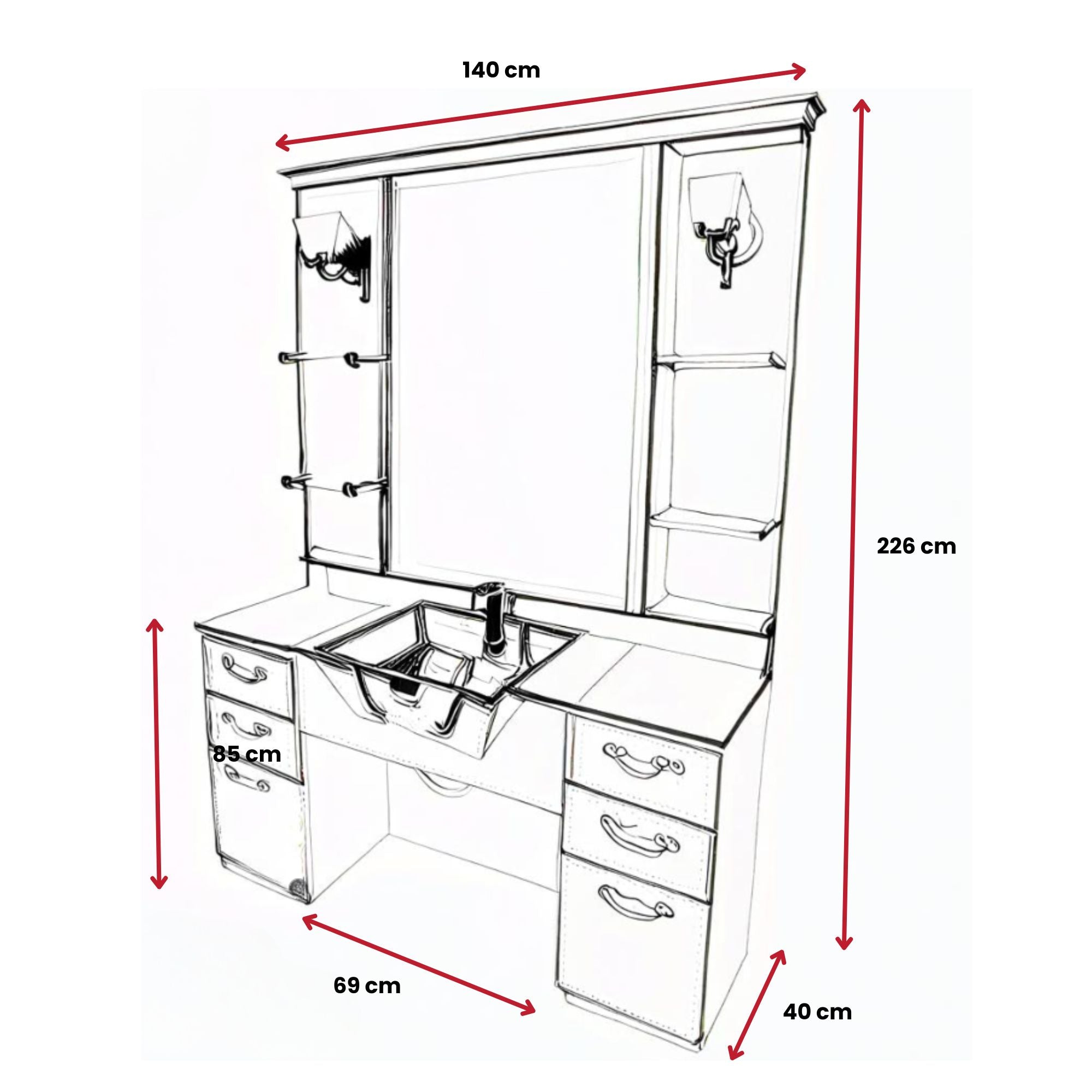 Barber Station Unit - Dark Walnut Finish Station With Black Basin