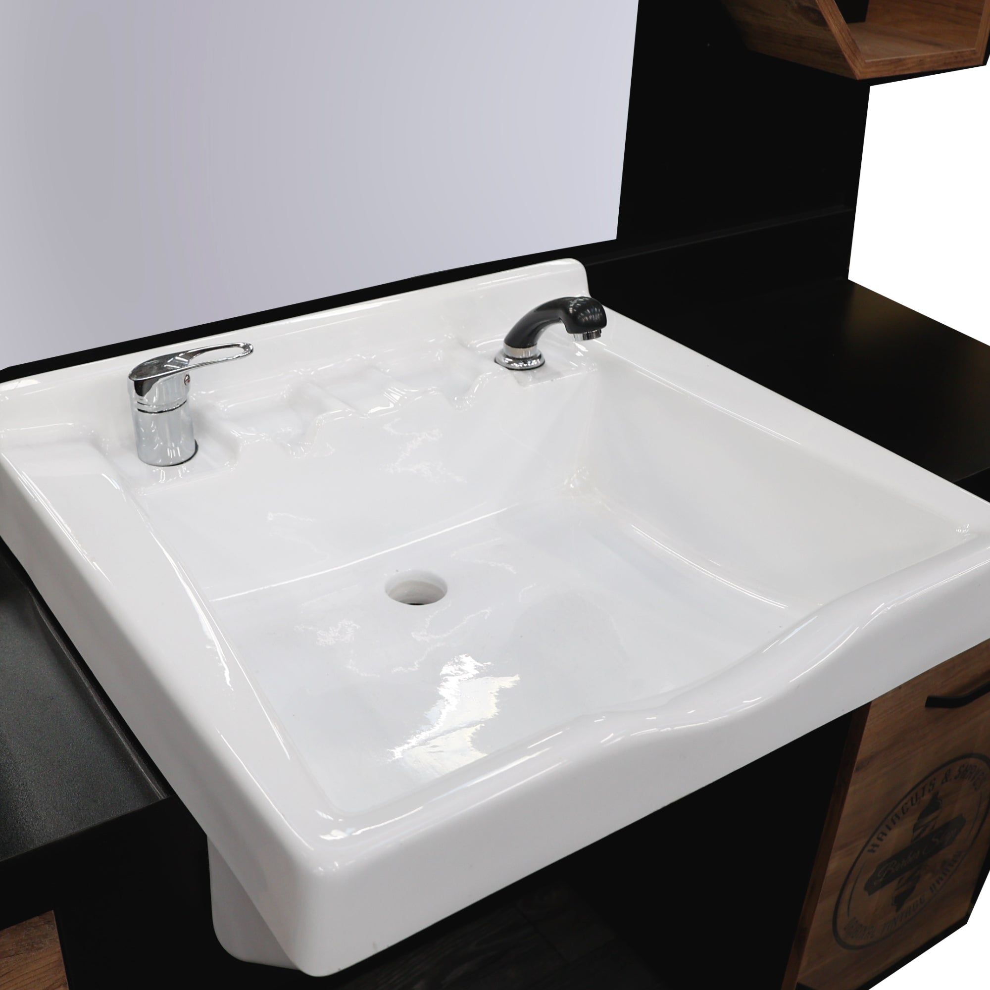 Barber Station Unit - Light Wood & Black Station With Barbershop Logos