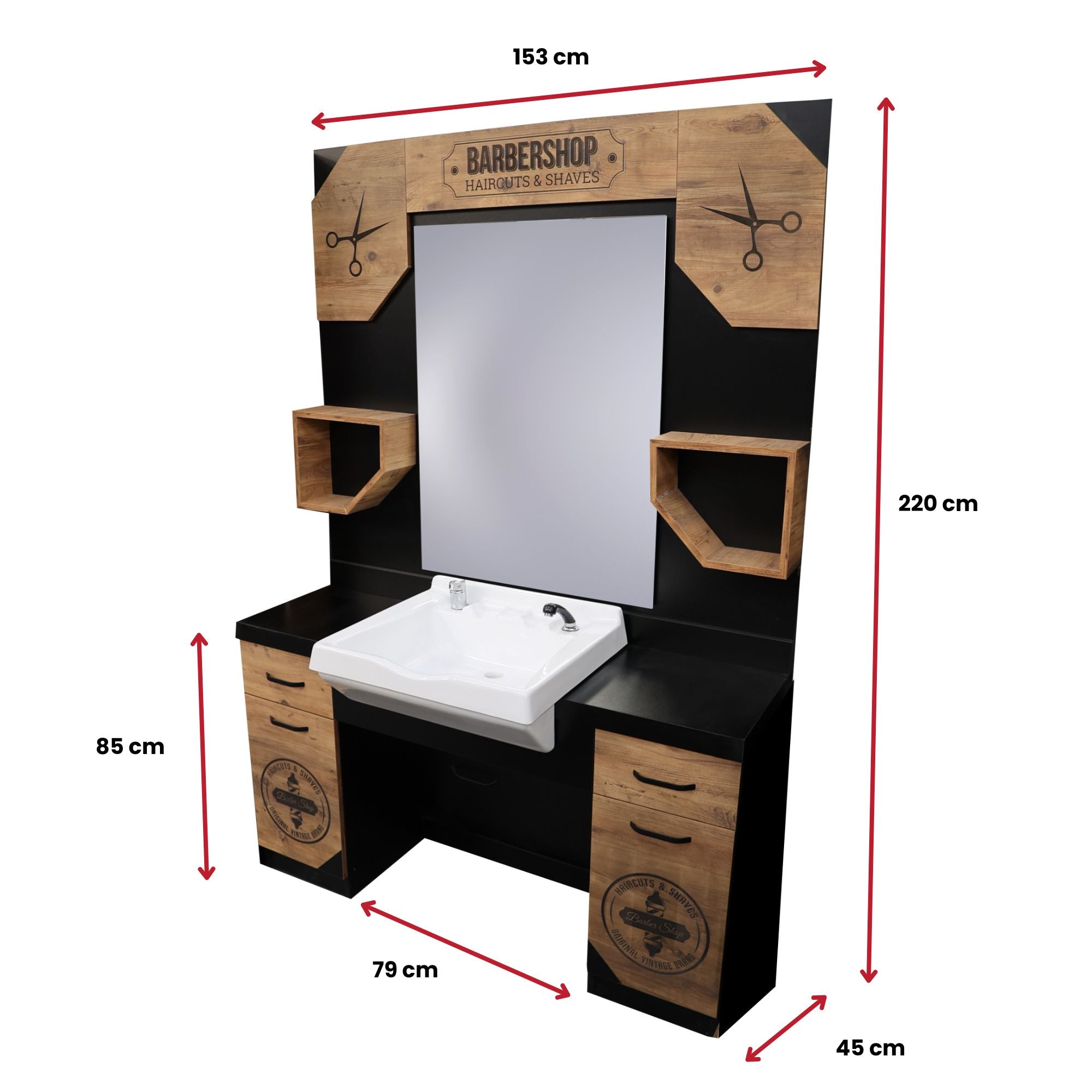 Barber Station Unit - Light Wood & Black Station With Barbershop Logos