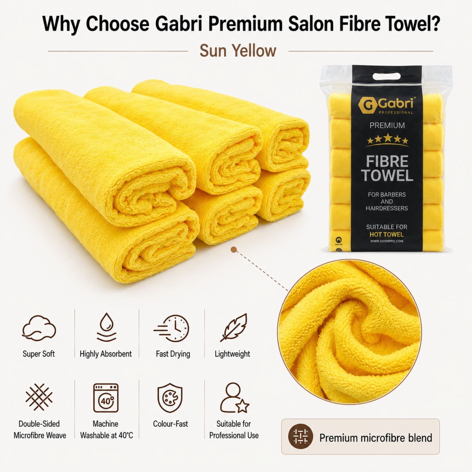Gabri - Premium Salon Fibre Towel Sun Yellow (Pack of 6)