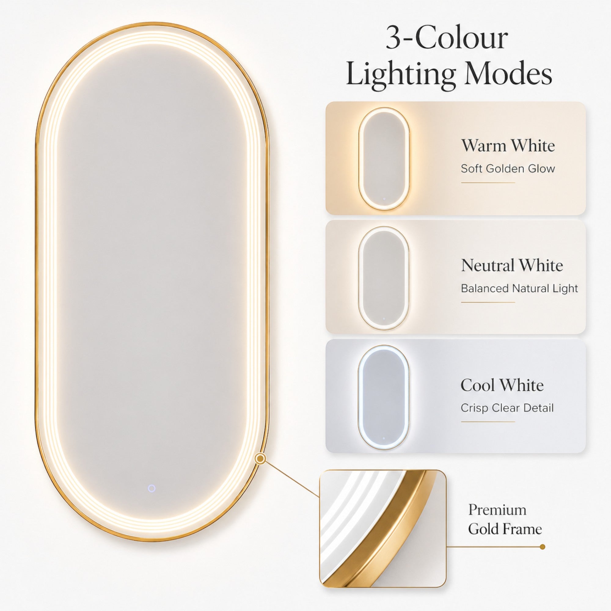 Salon Mirror - Oval Gold Framed LED Mirror with Smart Touch Sensor & 3-Colour Lighting Modes
