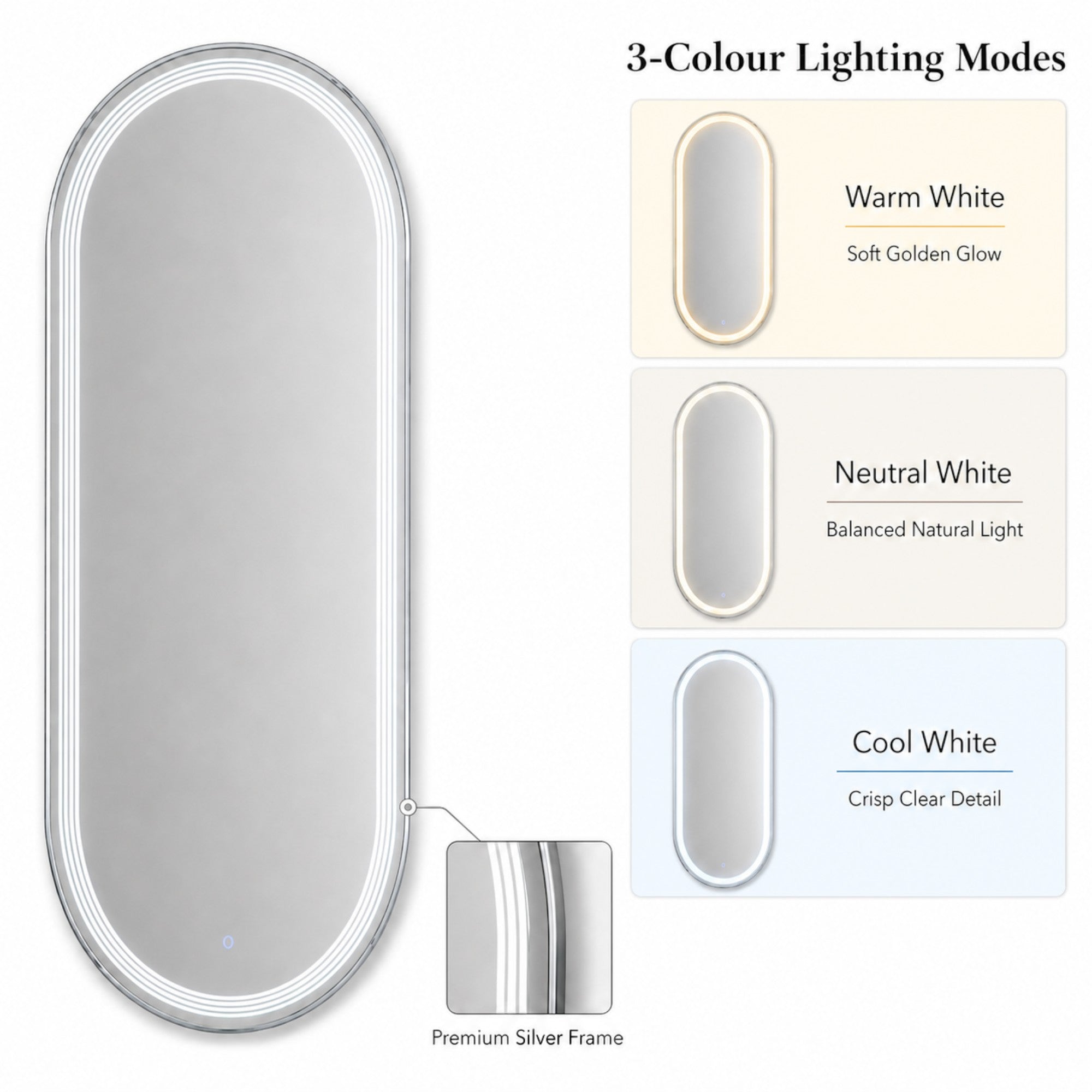 Salon Mirror - Oval Silver Framed LED Mirror with Smart Touch Sensor & 3-Colour Lighting Modes