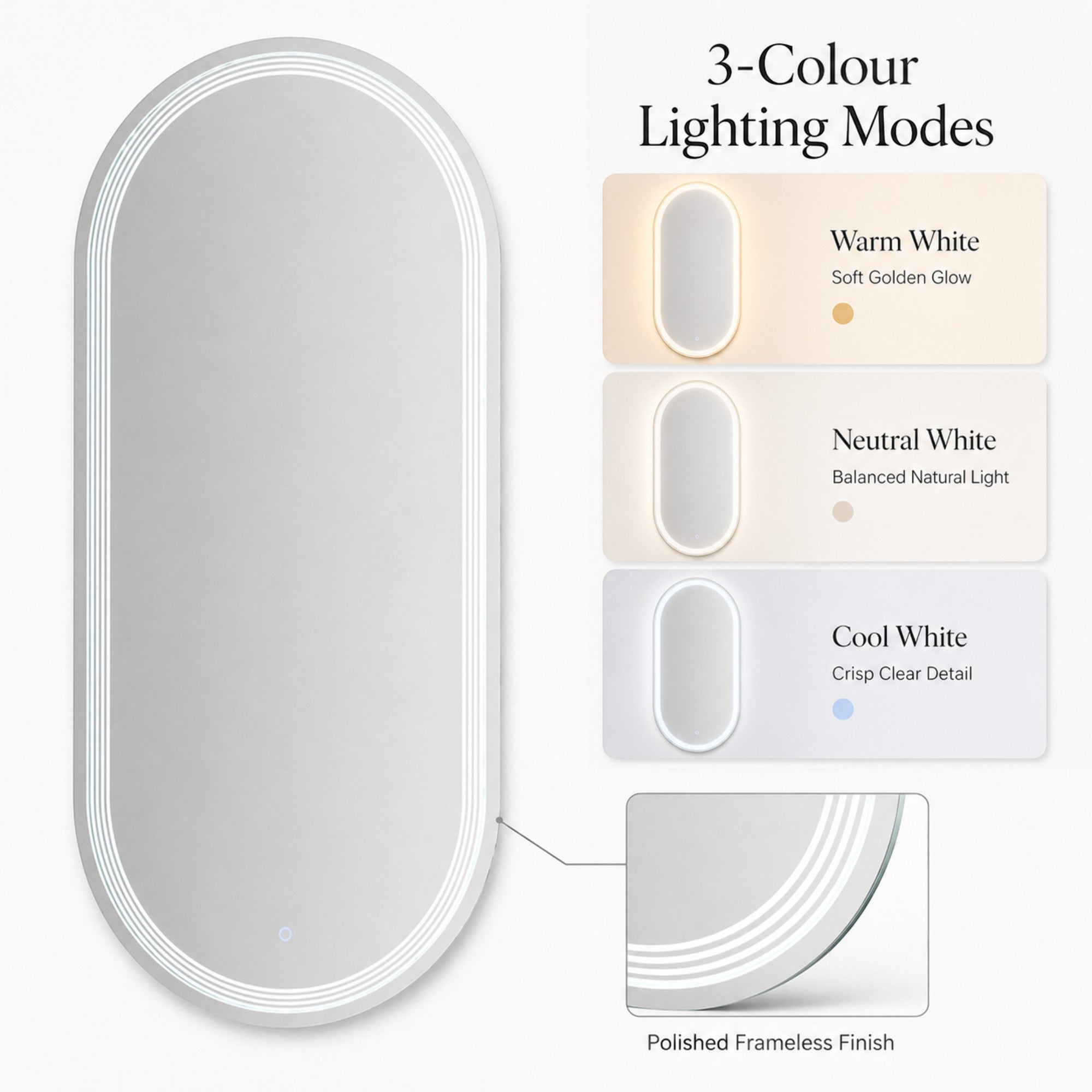 Salon Mirror - Oval Frameless LED Mirror with Smart Touch Sensor & 3-Colour Lighting Modes