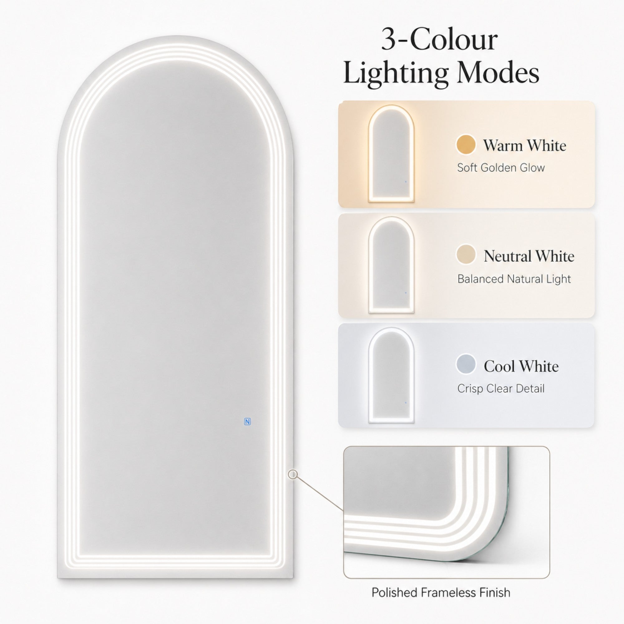 Salon Mirror - Arched Frameless LED Mirror with Smart Touch Sensor & 3-Colour Lighting Modes