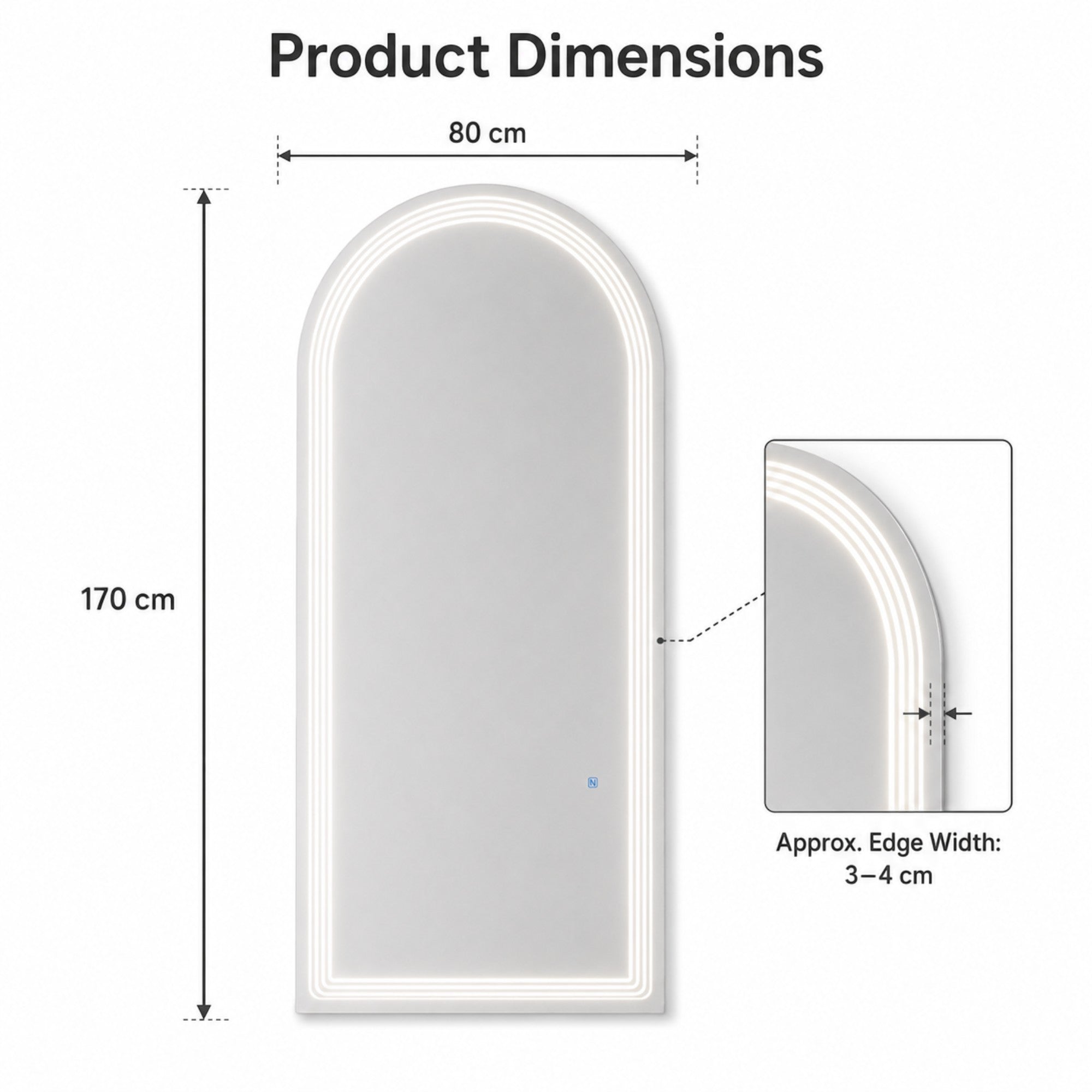 Salon Mirror - Arched Frameless LED Mirror with Smart Touch Sensor & 3-Colour Lighting Modes