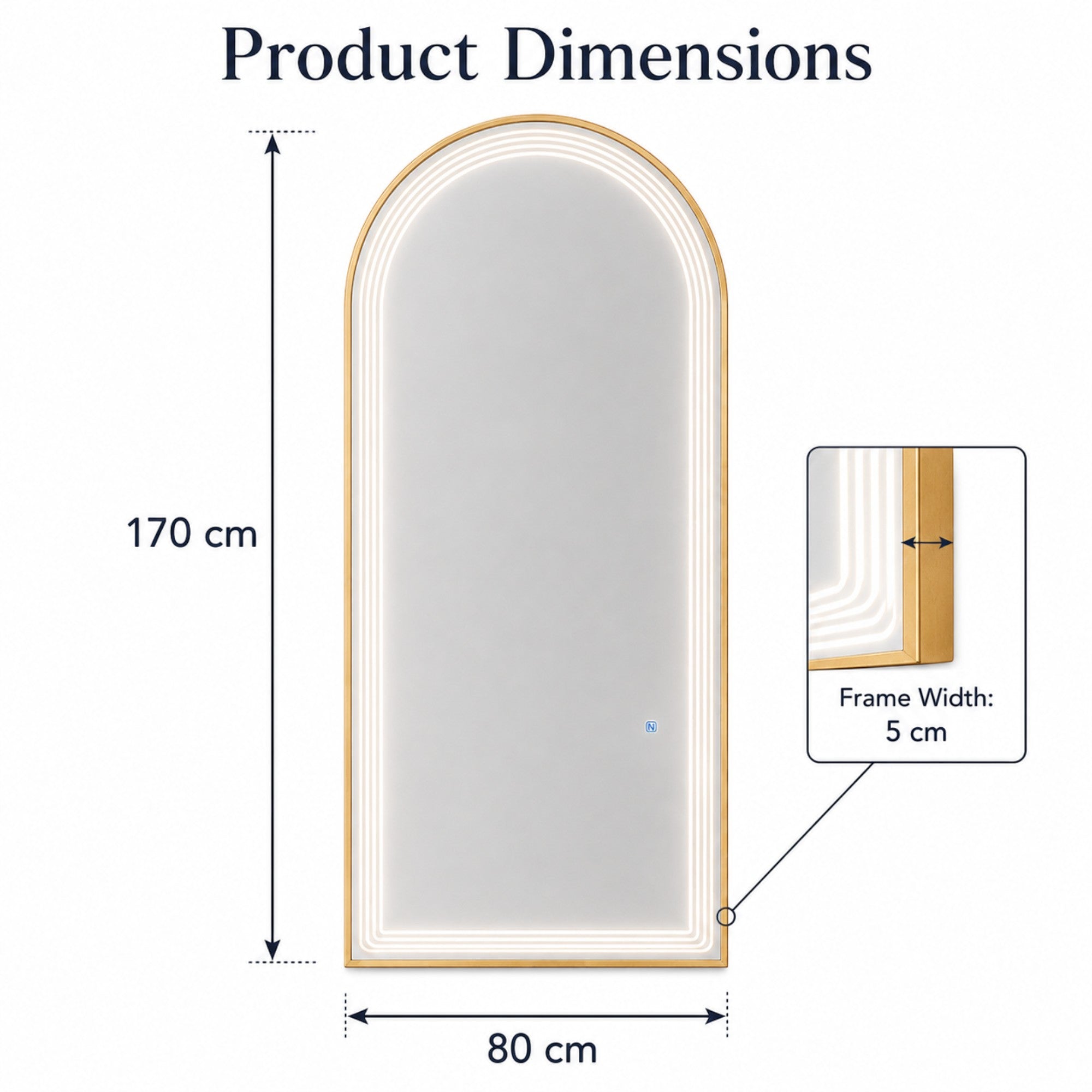 Salon Mirror - Arched Gold Framed LED Mirror with Smart Touch Sensor & 3-Colour Lighting Modes