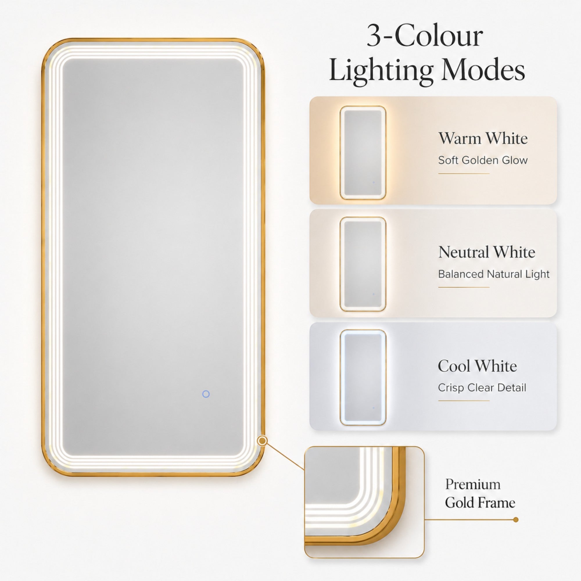 Salon Mirror - Rectangular Gold Framed LED Mirror with Smart Touch Sensor & 3-Colour Lighting Modes