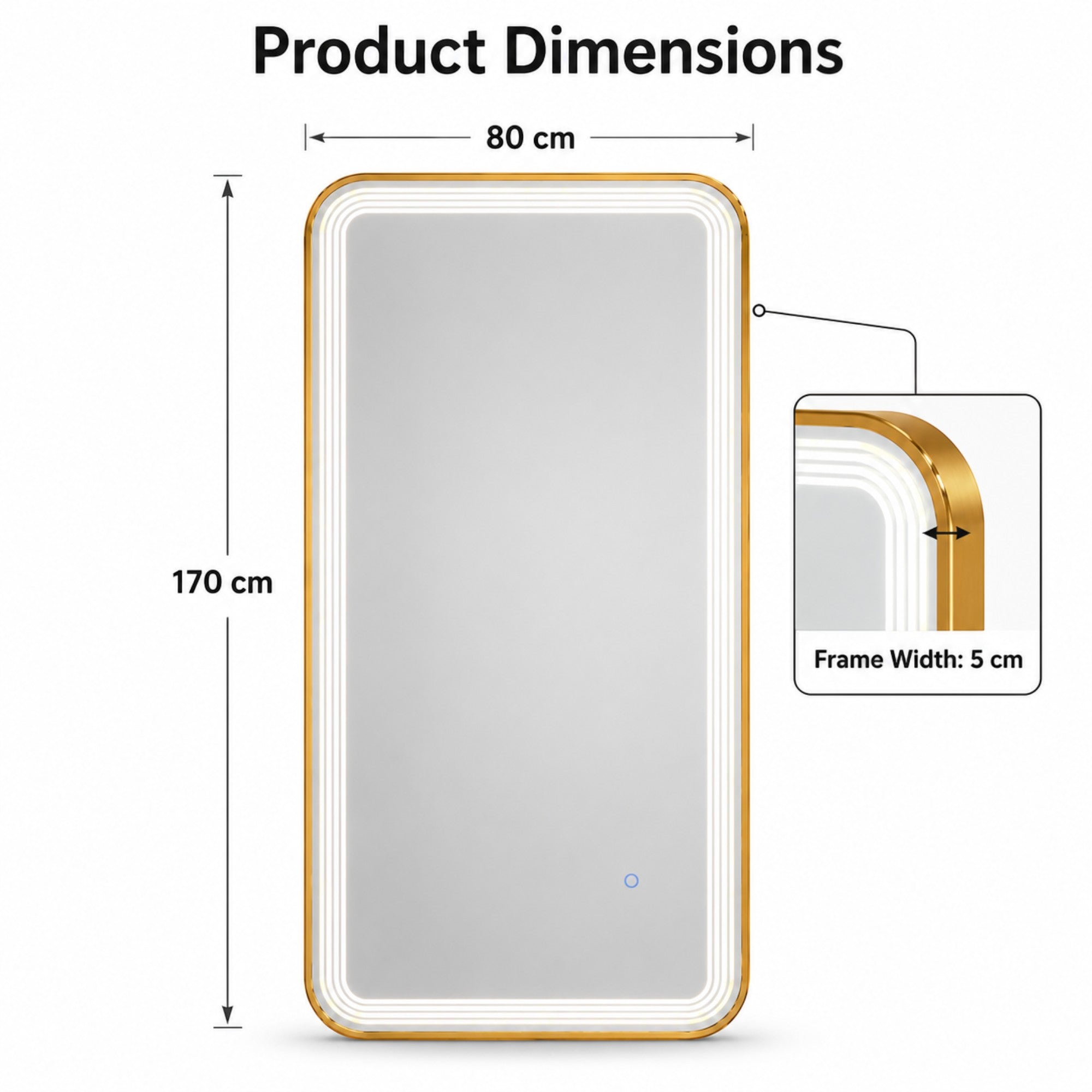 Salon Mirror - Rectangular Gold Framed LED Mirror with Smart Touch Sensor & 3-Colour Lighting Modes