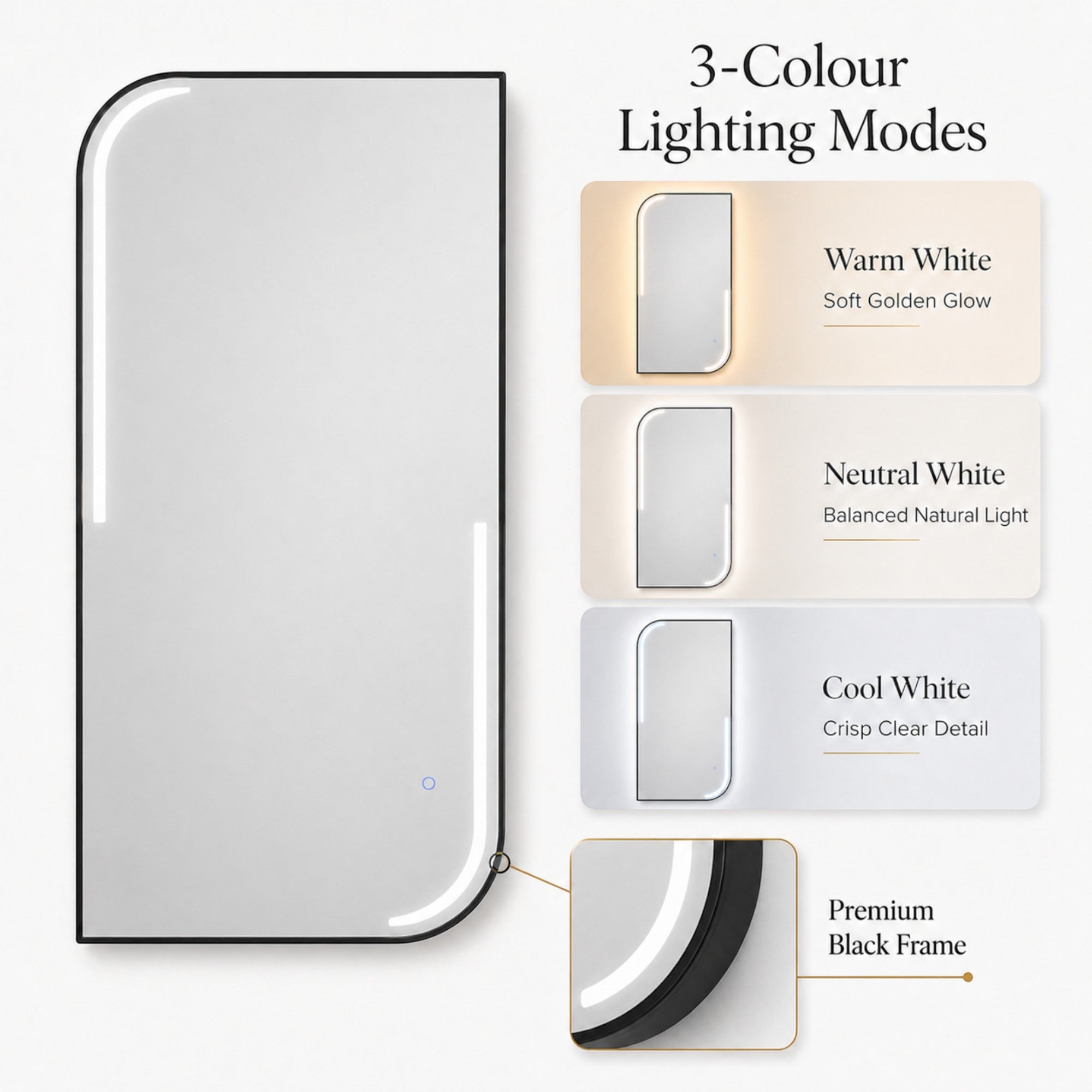 Salon Mirror - Modern Curved Edge Black Framed LED Mirror with Smart Touch Sensor & 3-Colour Lighting Modes
