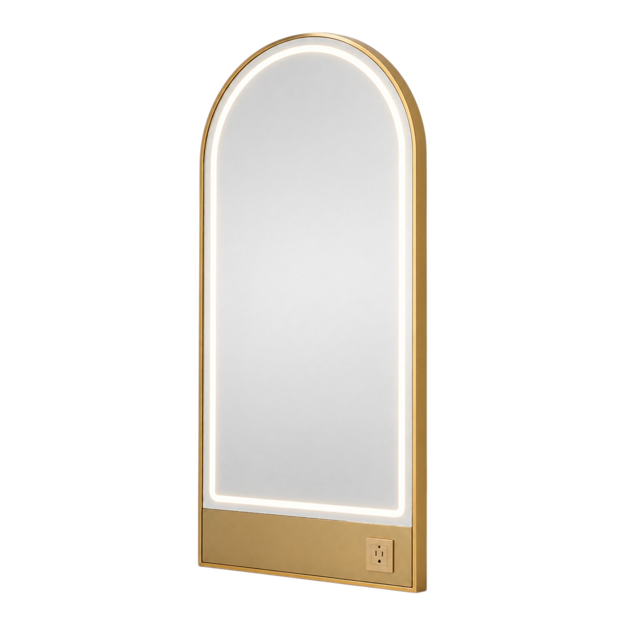 Salon Mirror - Arched Gold Framed LED Station Mirror with Integrated Plug Socket, Smart Touch Sensor & 3-Colour Lighting Modes
