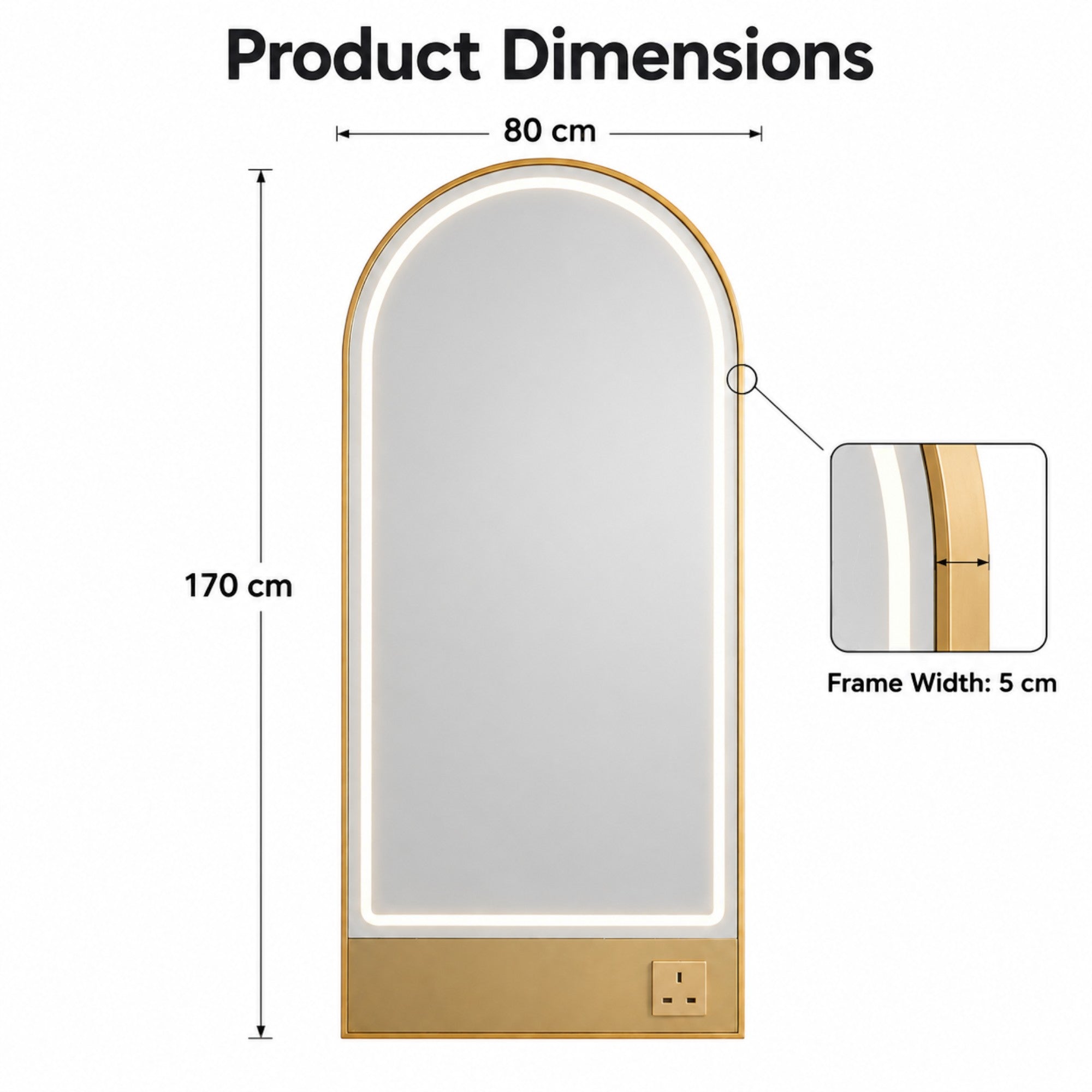 Salon Mirror - Arched Gold Framed LED Station Mirror with Integrated Plug Socket, Smart Touch Sensor & 3-Colour Lighting Modes
