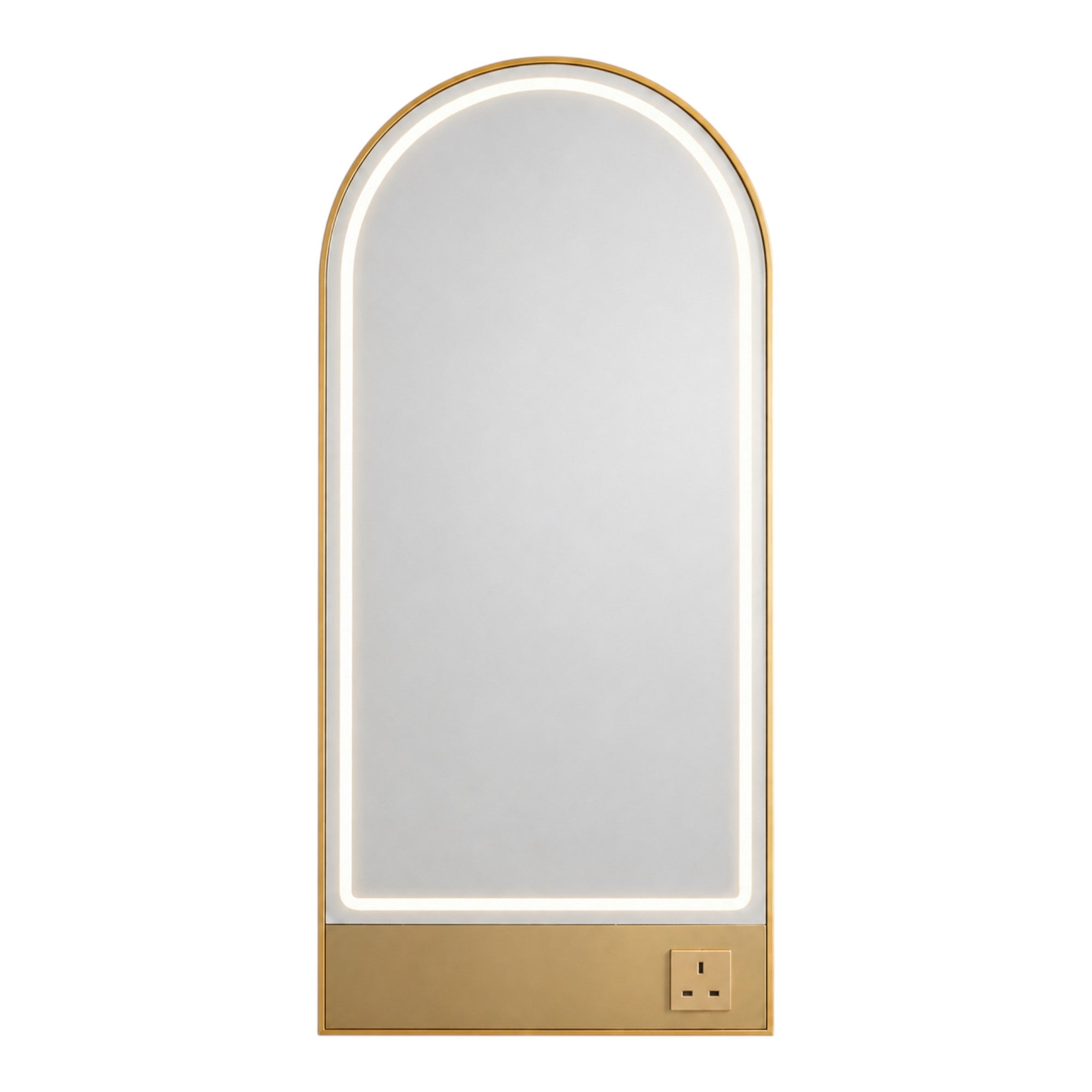 Salon Mirror - Arched Gold Framed LED Station Mirror with Integrated Plug Socket, Smart Touch Sensor & 3-Colour Lighting Modes