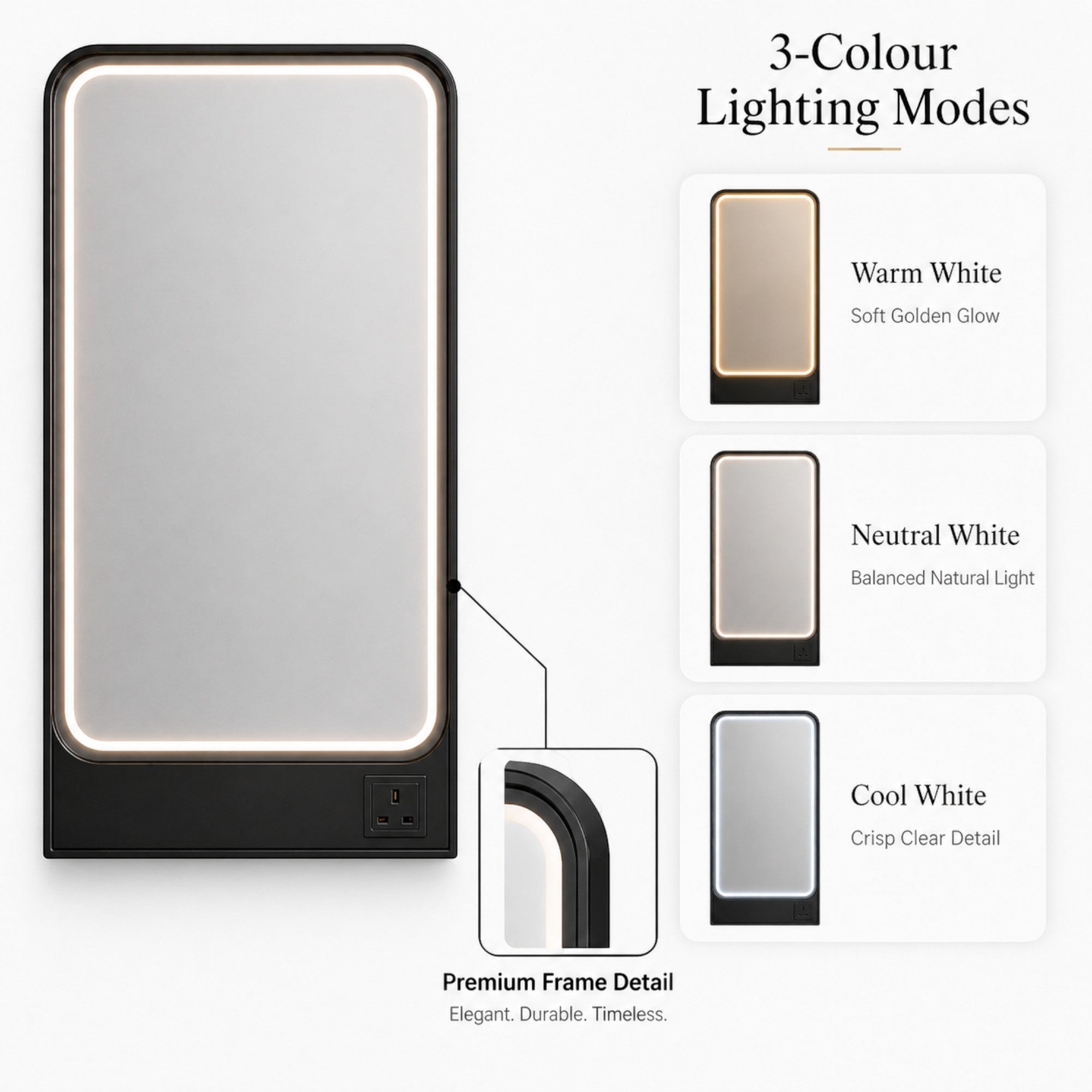 Salon Mirror - Rectangular Black Framed LED Station Mirror with Integrated Plug Socket, Smart Touch Sensor & 3-Colour Lighting Modes