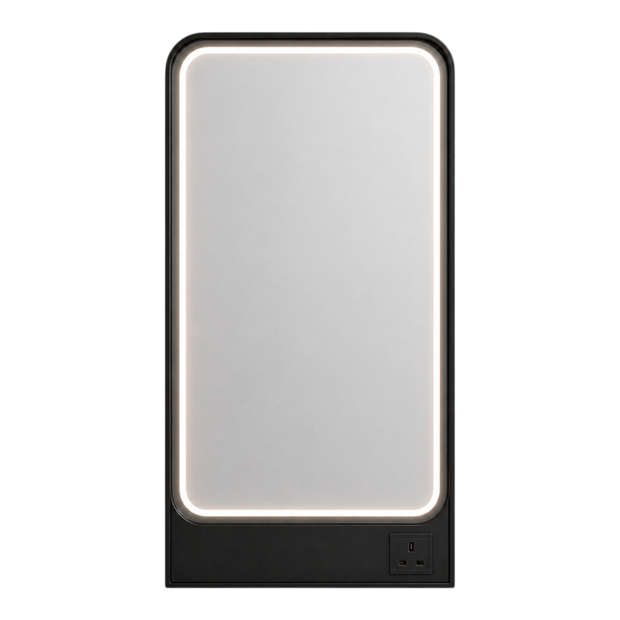 Salon Mirror - Rectangular Black Framed LED Station Mirror with Integrated Plug Socket, Smart Touch Sensor & 3-Colour Lighting Modes