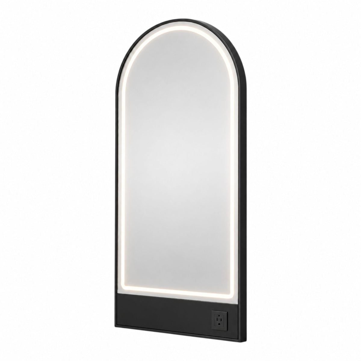 Salon Mirror - Arched Black Framed LED Station Mirror with Integrated Plug Socket, Smart Touch Sensor & 3-Colour Lighting Modes