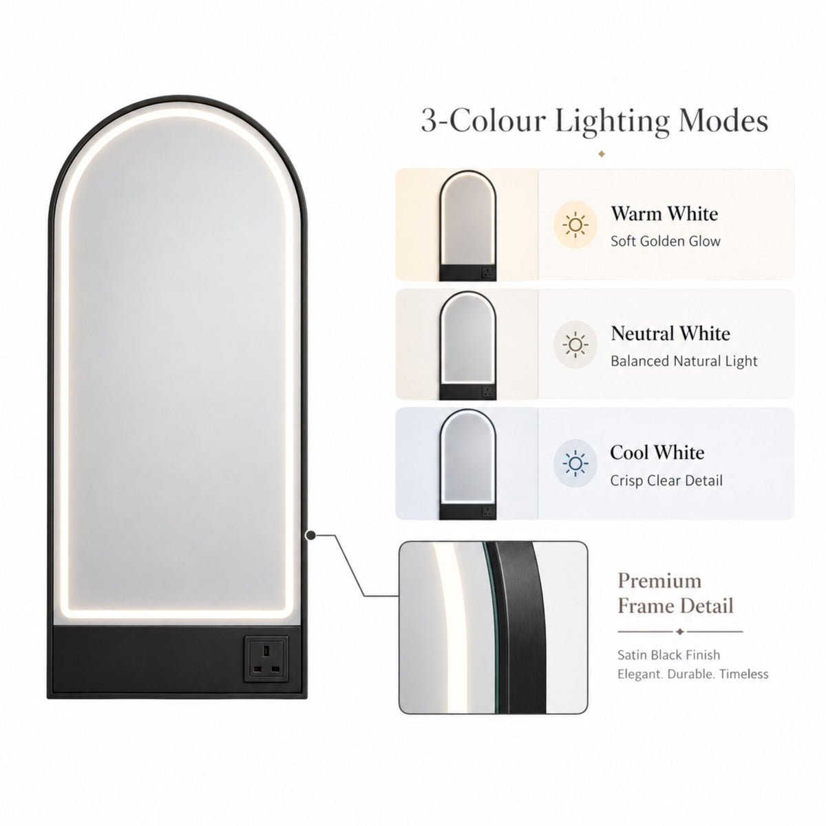 Salon Mirror - Arched Black Framed LED Station Mirror with Integrated Plug Socket, Smart Touch Sensor & 3-Colour Lighting Modes