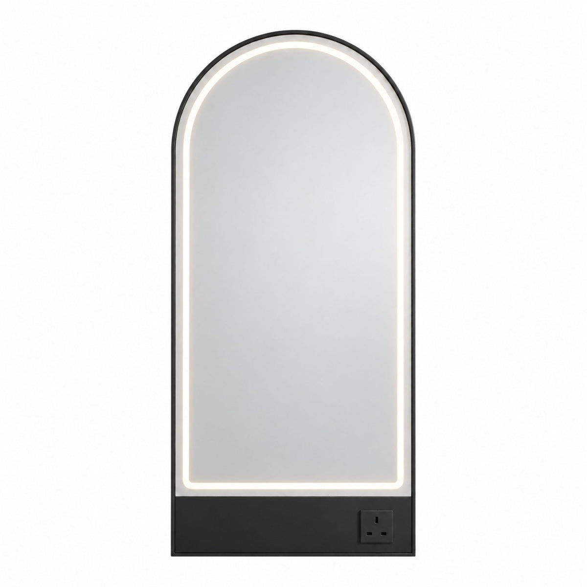 Salon Mirror - Arched Black Framed LED Station Mirror with Integrated Plug Socket, Smart Touch Sensor & 3-Colour Lighting Modes