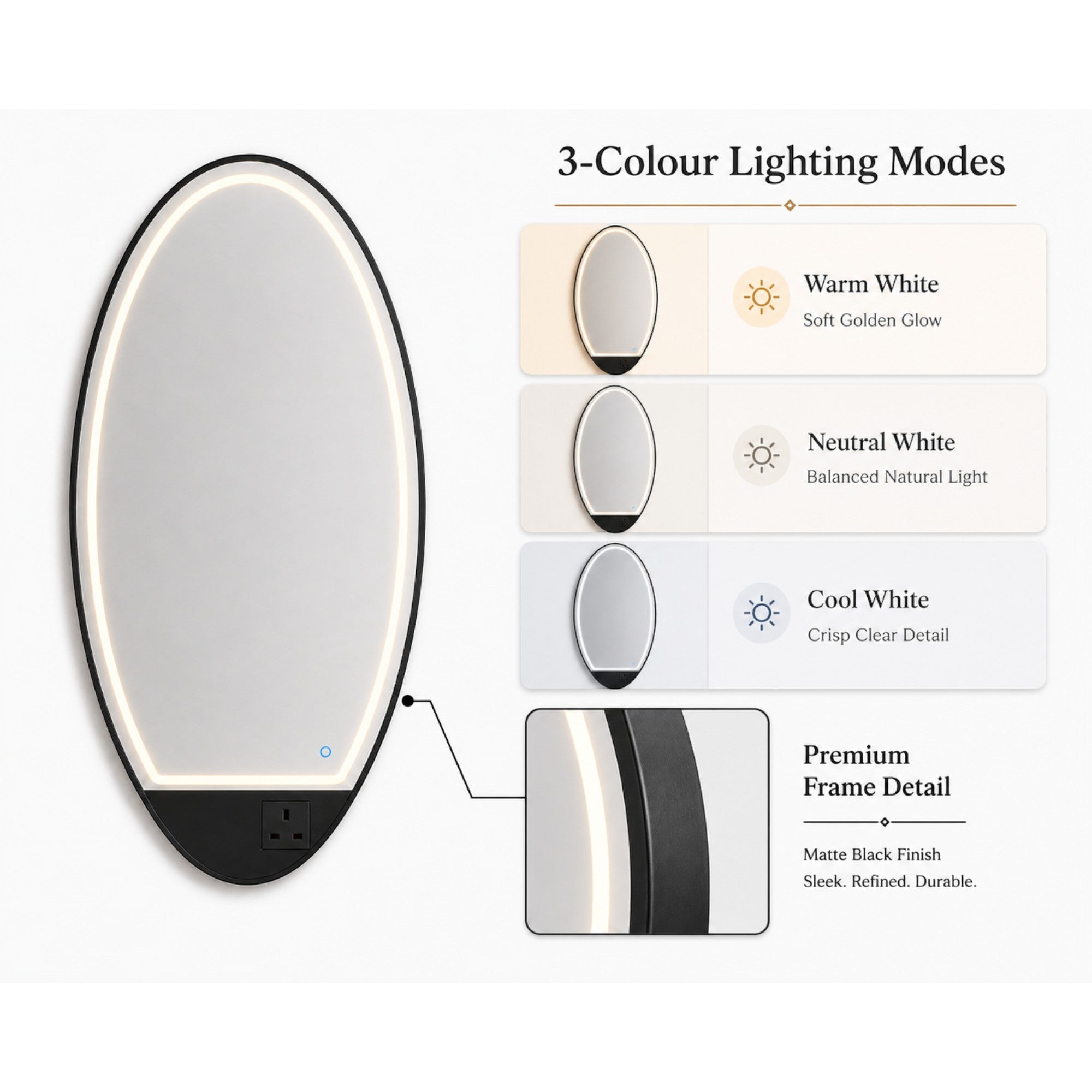 Salon Mirror - Oval Black Framed LED Station Mirror with Integrated Plug Socket, Smart Touch Sensor & 3-Colour Lighting Modes