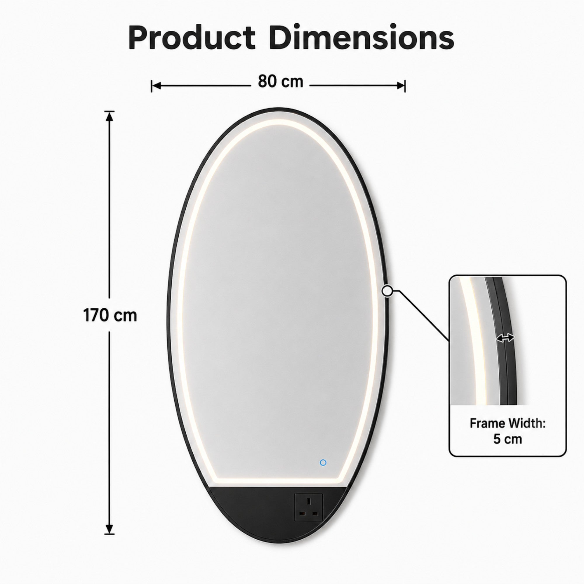 Salon Mirror - Oval Black Framed LED Station Mirror with Integrated Plug Socket, Smart Touch Sensor & 3-Colour Lighting Modes