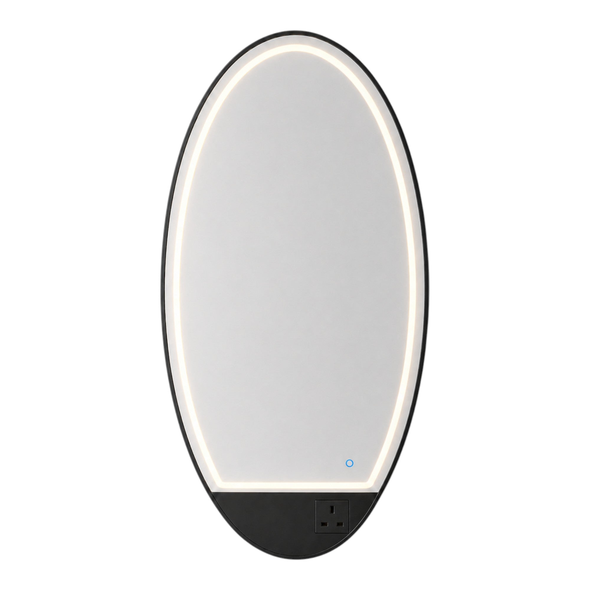 Salon Mirror - Oval Black Framed LED Station Mirror with Integrated Plug Socket, Smart Touch Sensor & 3-Colour Lighting Modes