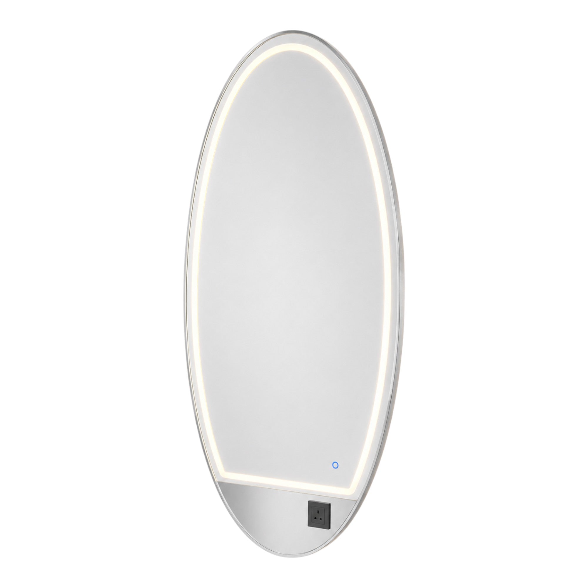 Salon Mirror - Oval Silver Framed LED Station Mirror with Integrated Plug Socket, Smart Touch Sensor & 3-Colour Lighting Modes