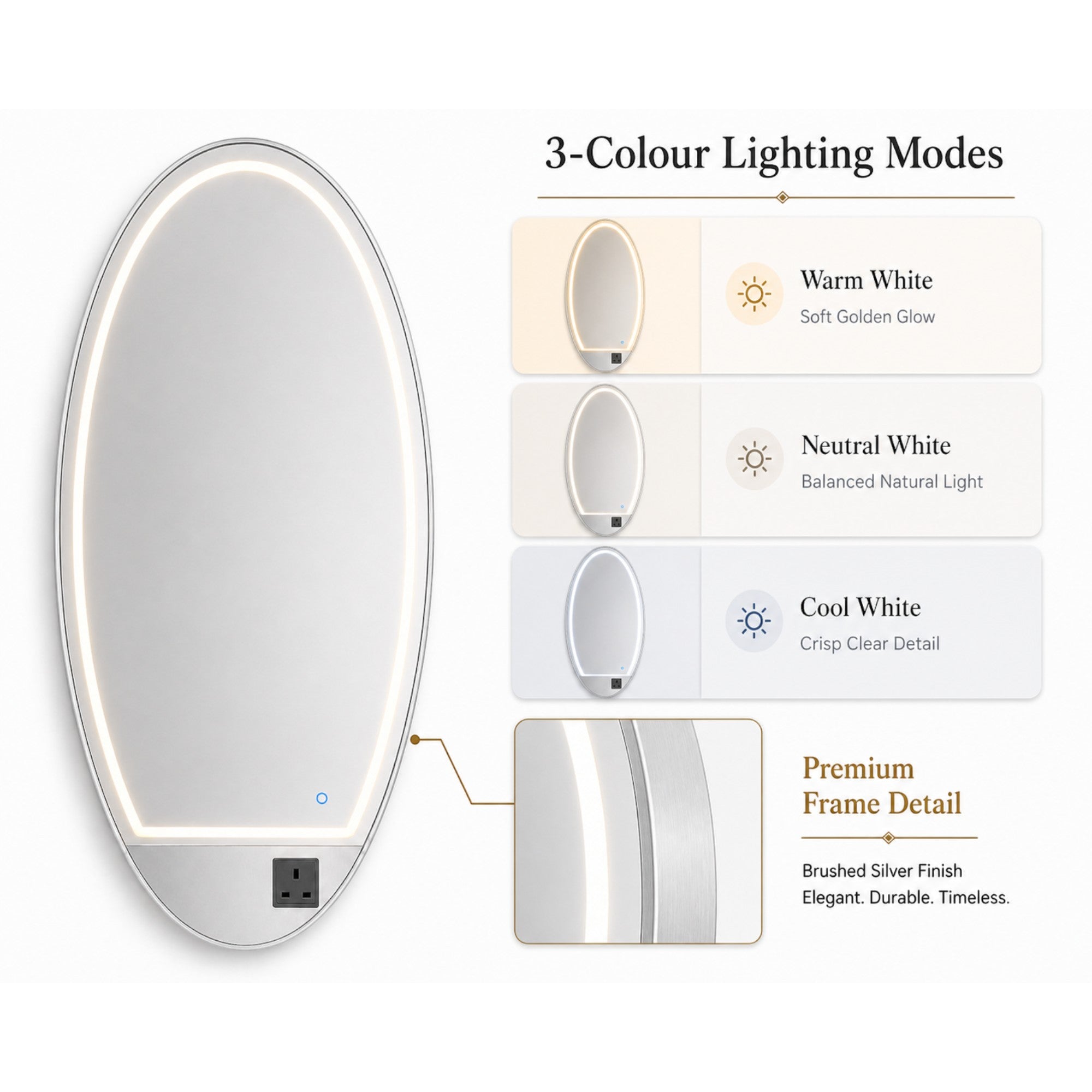 Salon Mirror - Oval Silver Framed LED Station Mirror with Integrated Plug Socket, Smart Touch Sensor & 3-Colour Lighting Modes