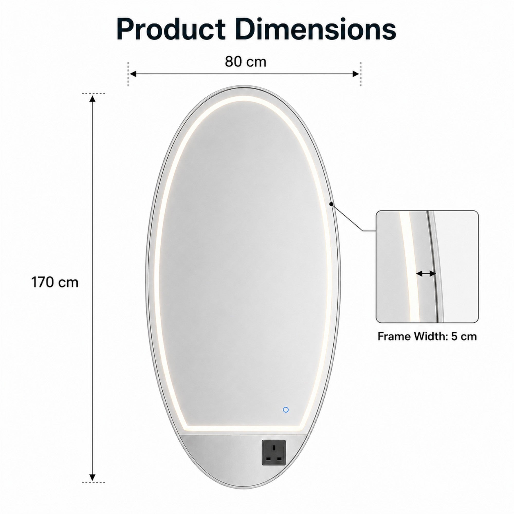 Salon Mirror - Oval Silver Framed LED Station Mirror with Integrated Plug Socket, Smart Touch Sensor & 3-Colour Lighting Modes