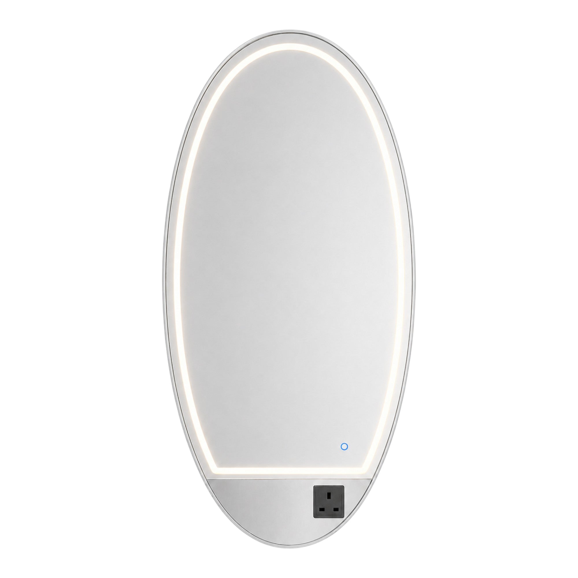 Salon Mirror - Oval Silver Framed LED Station Mirror with Integrated Plug Socket, Smart Touch Sensor & 3-Colour Lighting Modes