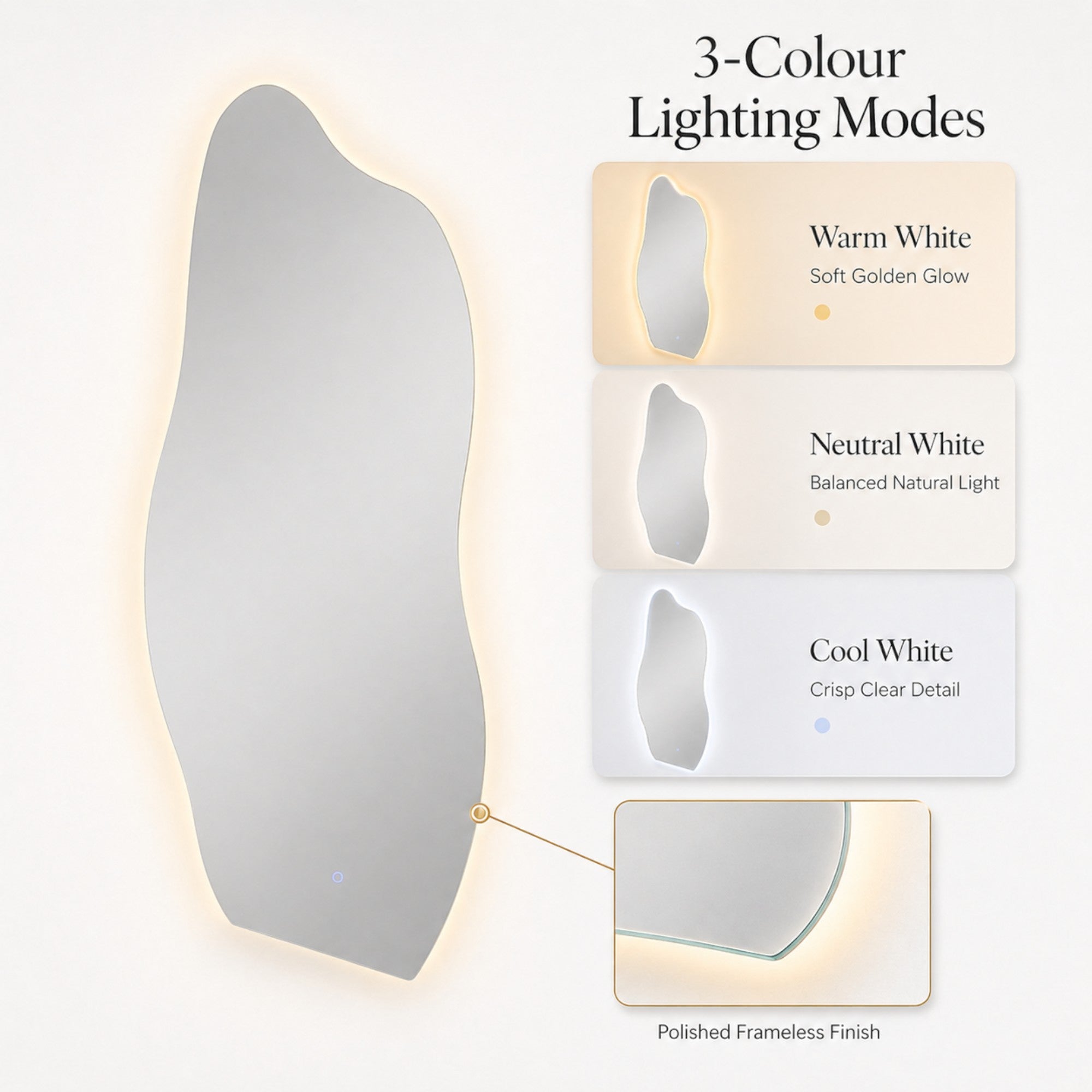 Salon Mirror - Irregular Wavy Backlit Frameless LED Mirror with Smart Touch Sensor & 3-Colour Lighting Modes