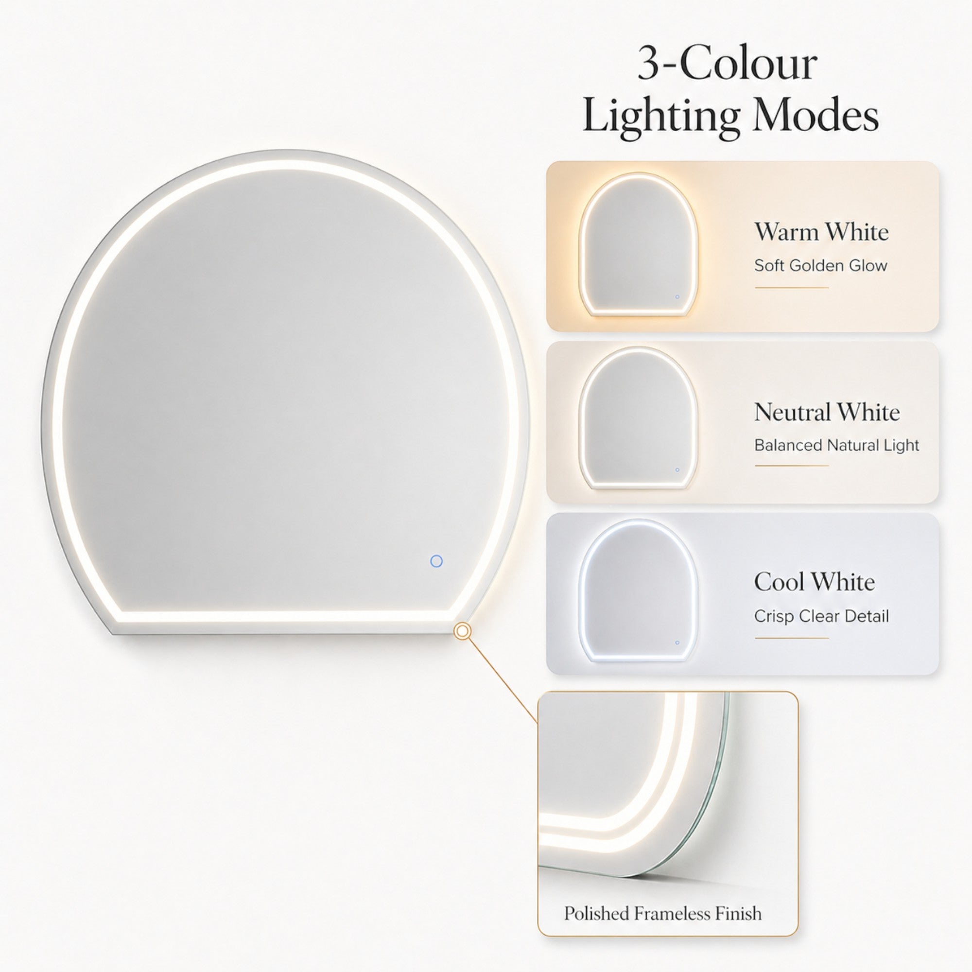 Salon Mirror - Wide Half-Moon Frameless LED Mirror with Smart Touch Sensor & 3-Colour Lighting Modes
