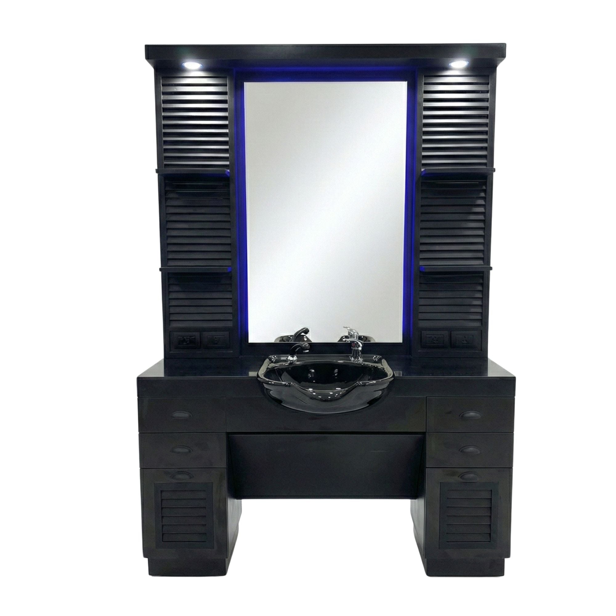Barber Station Unit - Black Finish with Backwash Sink & Storage