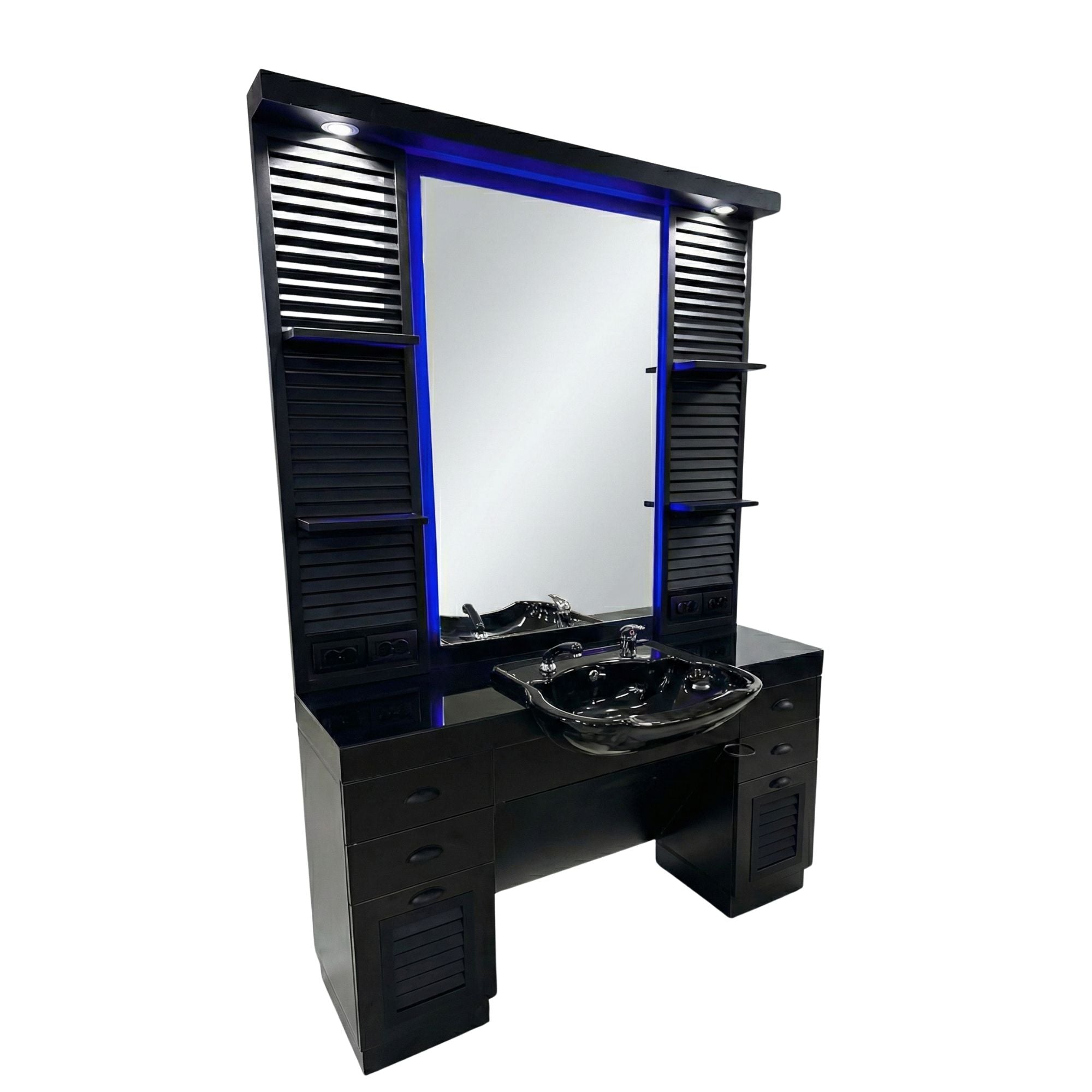 Barber Station Unit - Black Finish with Backwash Sink & Storage